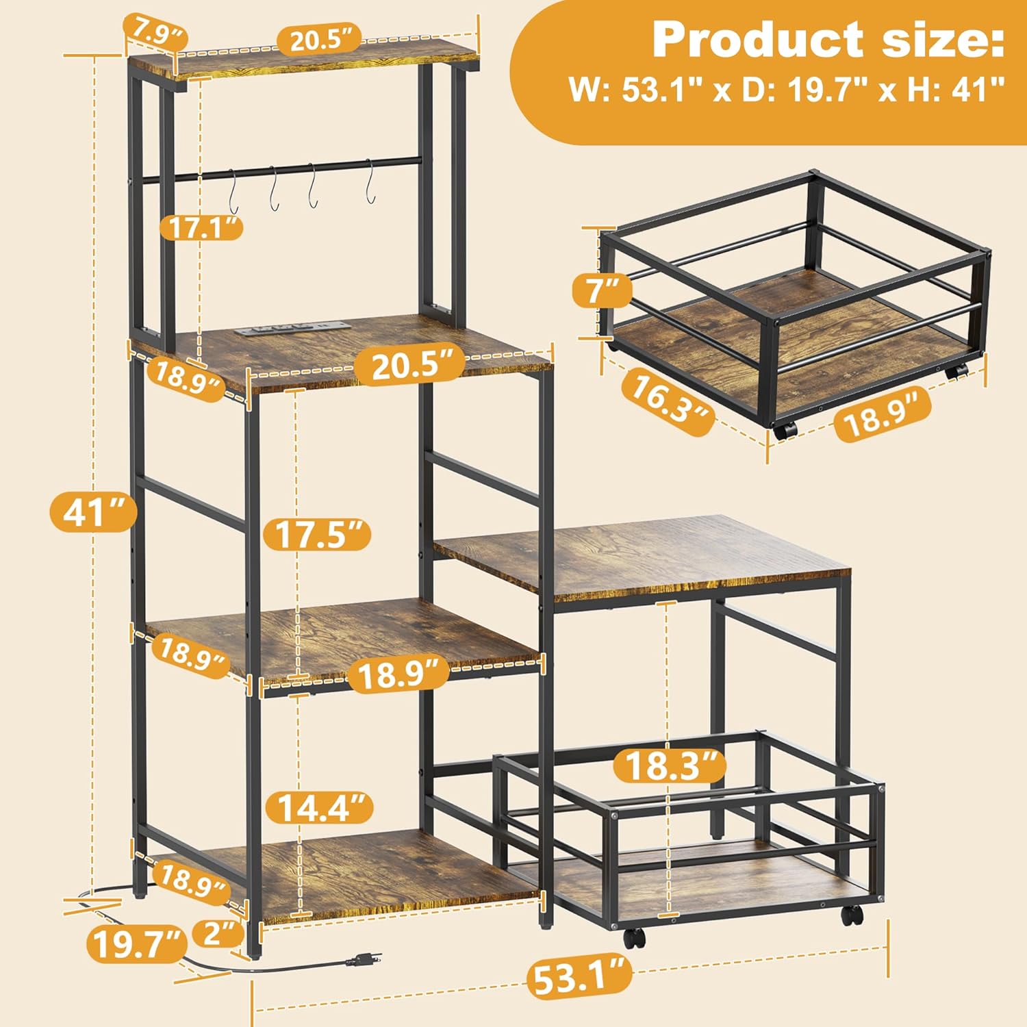 Mini Fridge with Microwave Stand, Coffee Bar Station with Storage, Bakers Rack with Power Outlet, Movable Basket, Adjustable Oven Shelf, Small Refrigerator Organizer for Dorm, Kitchen, Office