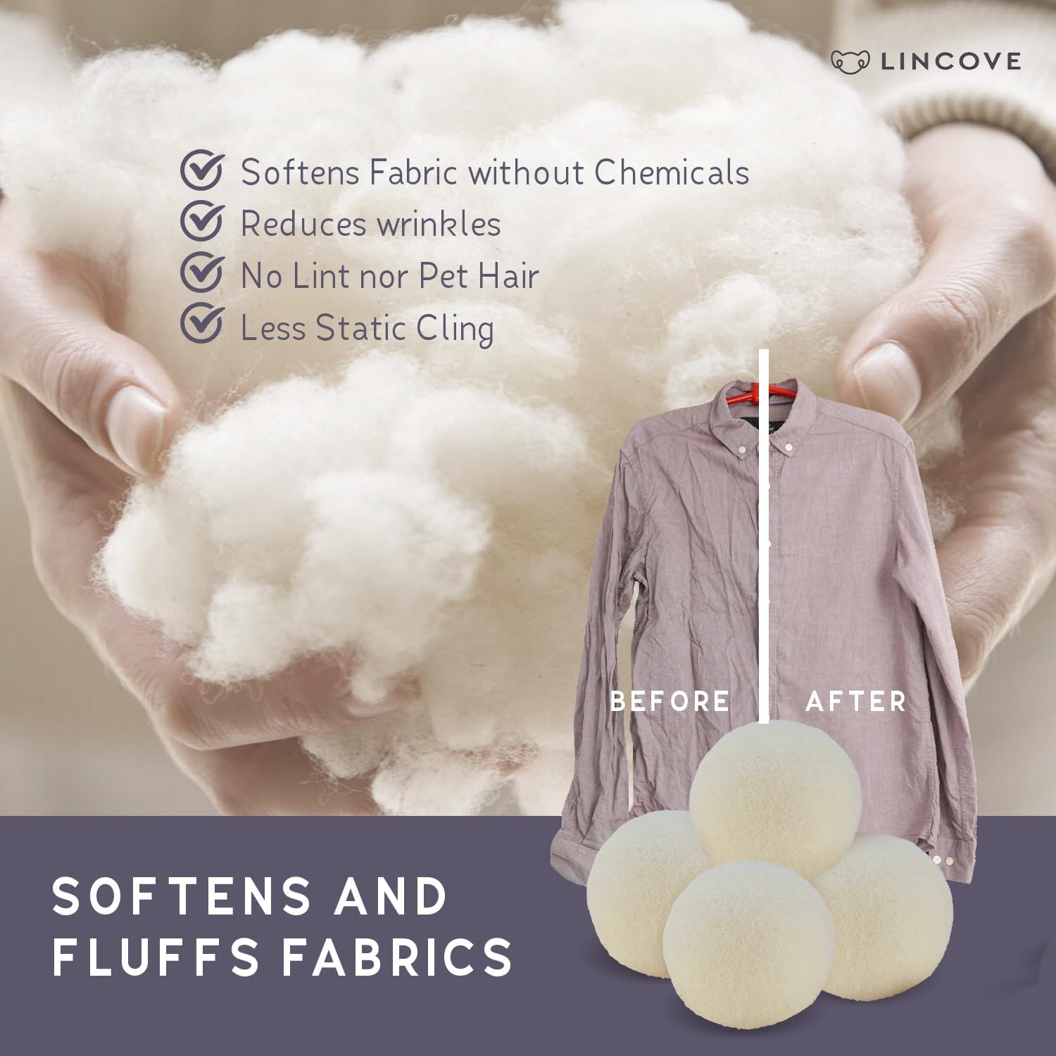 Wool Dryer Balls, 6 Pack – Natural Fabric Softener for Laundry, 100% Organic, Reusable for 1000+ Loads, Anti-Static, Reduces Drying Time, Baby Safe & Hypoallergenic Comes with Lincove Storage Bag