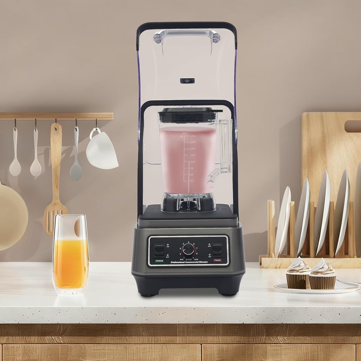 Commercial Blender, 1600W professional quiet blender With Soundproof Cover, 9 Speeds, 6-leaves Stainless Steel Blade, large-capacity (67.63 ounces), Heavy Duty Blender for Restaurant