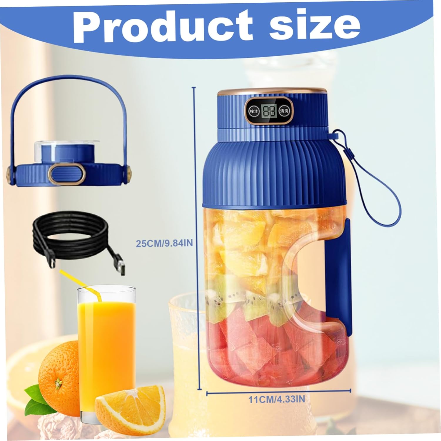 Portable Blender Large Capacity Portable Juicer Blender 10 Blades Electric Personal Blenders with Anti-slip Handle Juicer Cup with Digital Display for Kitchen Travel Sport