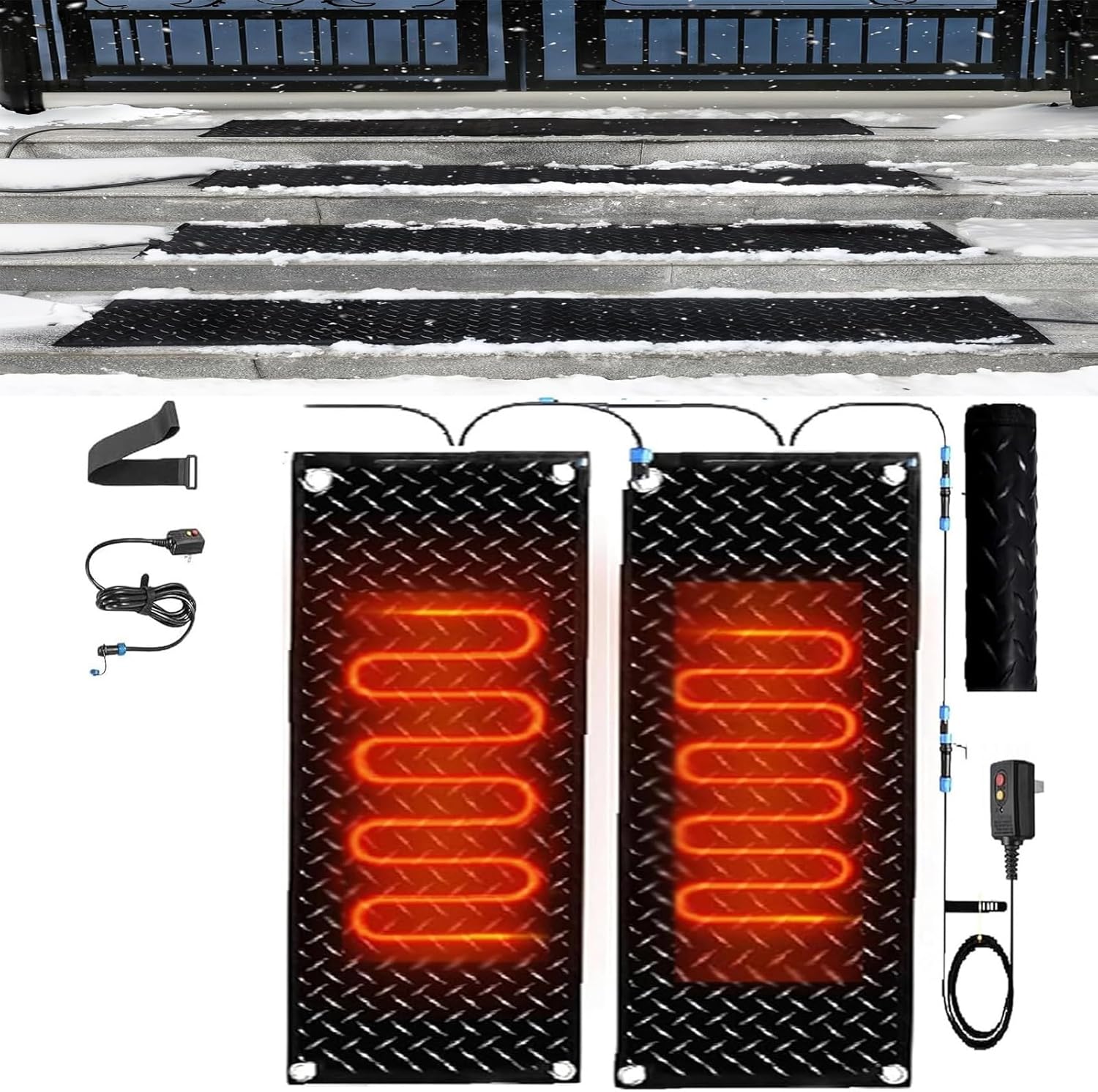 Heated Snow Melting Entrance mat, Heated Snow Melting mats for Stairs, Electric Snow Melting Mats, 2 in/h Melting Speed with Power Cord and Connecting line,2 Pcs-25.4x120cm/10x48in