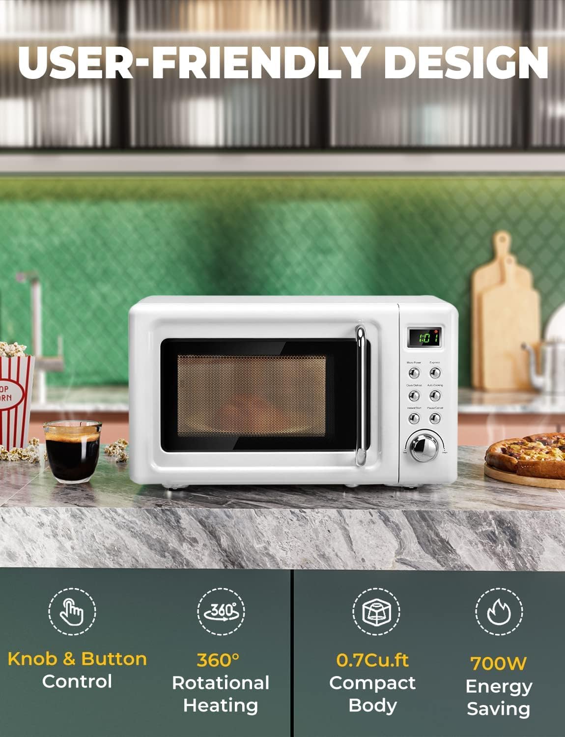 Retro Microwave Oven, 0.7cu.ft Countertop Microwave with Removable Turnable & Child Lock, Small Compact Microwaves w/8 Auto-cooking Set, Defrost, 5 Micro Power & Timer, 700W, White