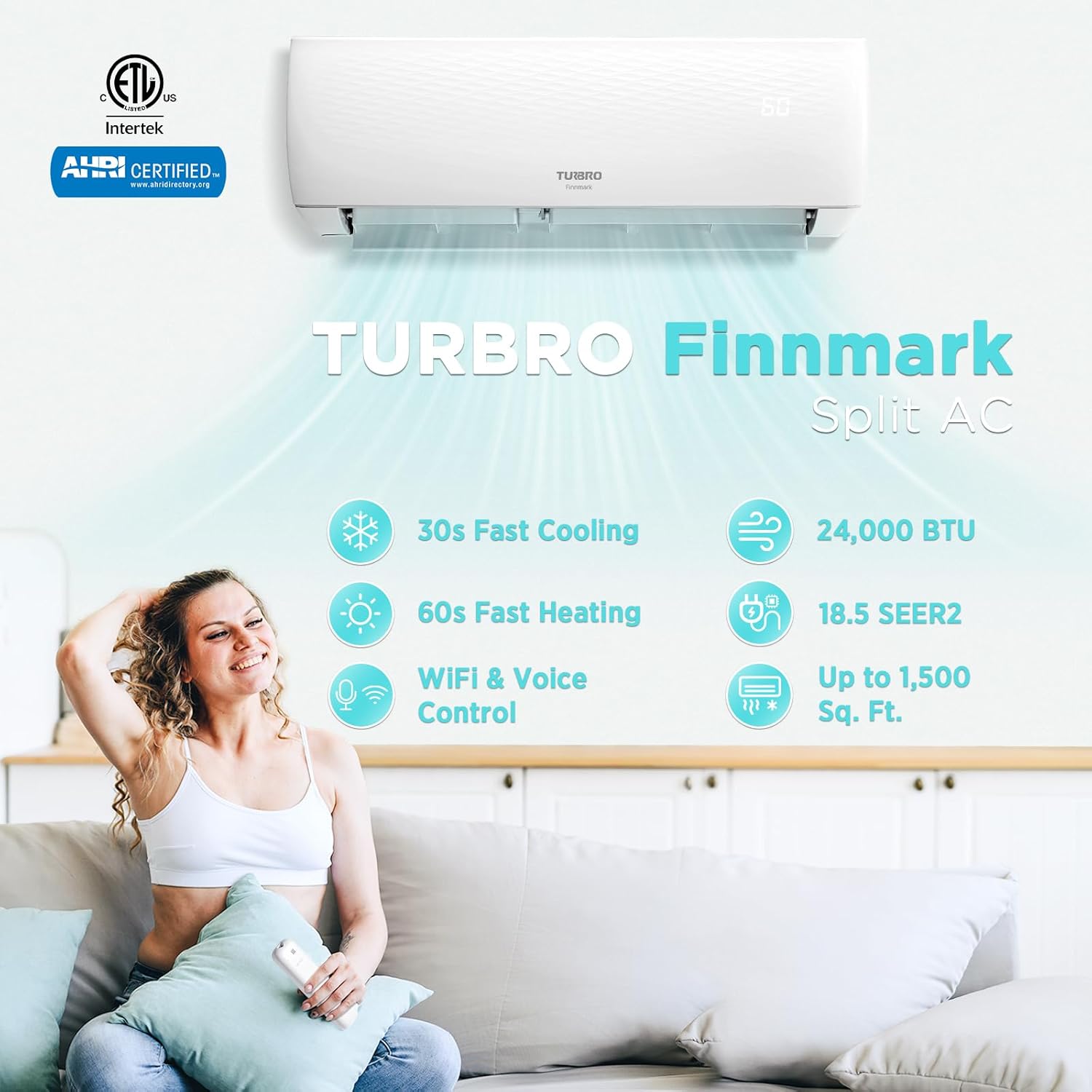 TURBRO 24,000 BTU Ductless Mini Split AC with Heat Pump, Inverter Compressor, 18.5 SEER2, 230V, R32 Refrigerant, Pre-charged Evaporator, WiFi-Enabled, App Control, AHRI Certified, Finnmark Series