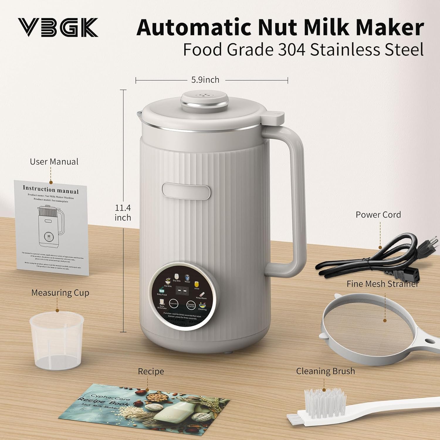 VBGK 8 in 1 Automatic Nut Milk Maker Blender with 20 Blades, 40oz Homemade Coconut, Soy, Oat, Almond, Plant Based Milks and Non-Dairy Beverages with18H Delay Start/Keep Warm/Boil Water/Self-Cleaning
