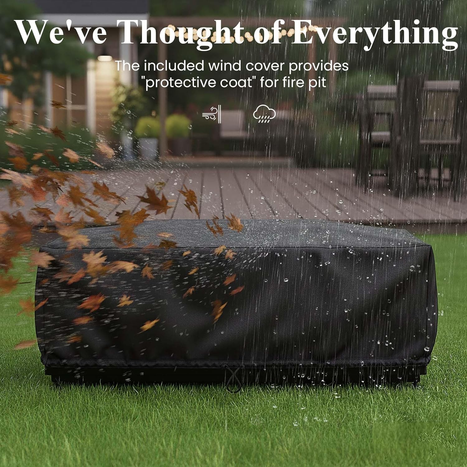 LayinSun 42 Inch Outdoor Fire Pit Table for Outside Patio, 55000BTU Rectangle Propane Firepit with Hidden Fuel Tank, Glass Wind Guard, Waterproof Cover and Lid