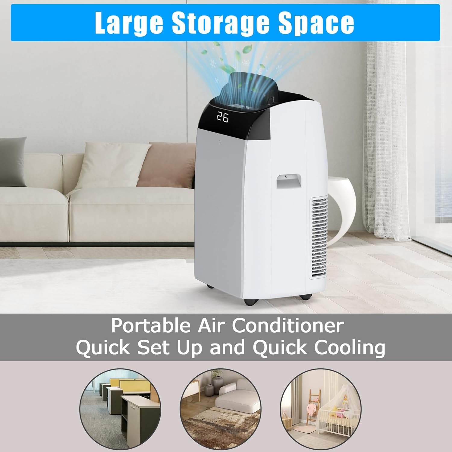 12000 BTU Portable Air Conditioner with Dehumidifier & Fan, 3-In-1 AC Units Cools Up to 550 Sq. Ft., Standing Ac Unit with Remote Control for Rom, Auto Swing, Sleep Mode, Black Top Cover