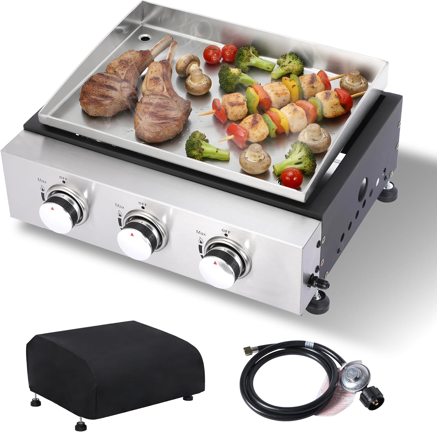 Table top Propane Griddle |Stainless Steel Flat Top Grill | Easy Clean Outdoor Propane Griddle for Camping, Tailgating & BBQs (3 burner)