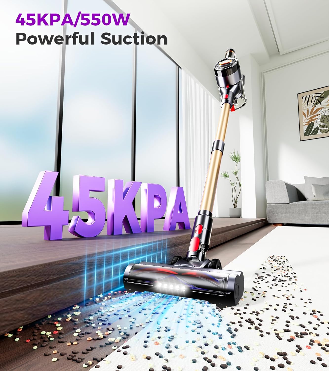 Cordless Vacuum Cleaner, 550W 45Kpa 60Mins Vacuum Cleaners for Home, Anti-tangle Stick Vacuum with Self-Standing, Wall Mount Charging, LDE Display, Wireless Vacuum for Carpet Pet Hair Hardfloor