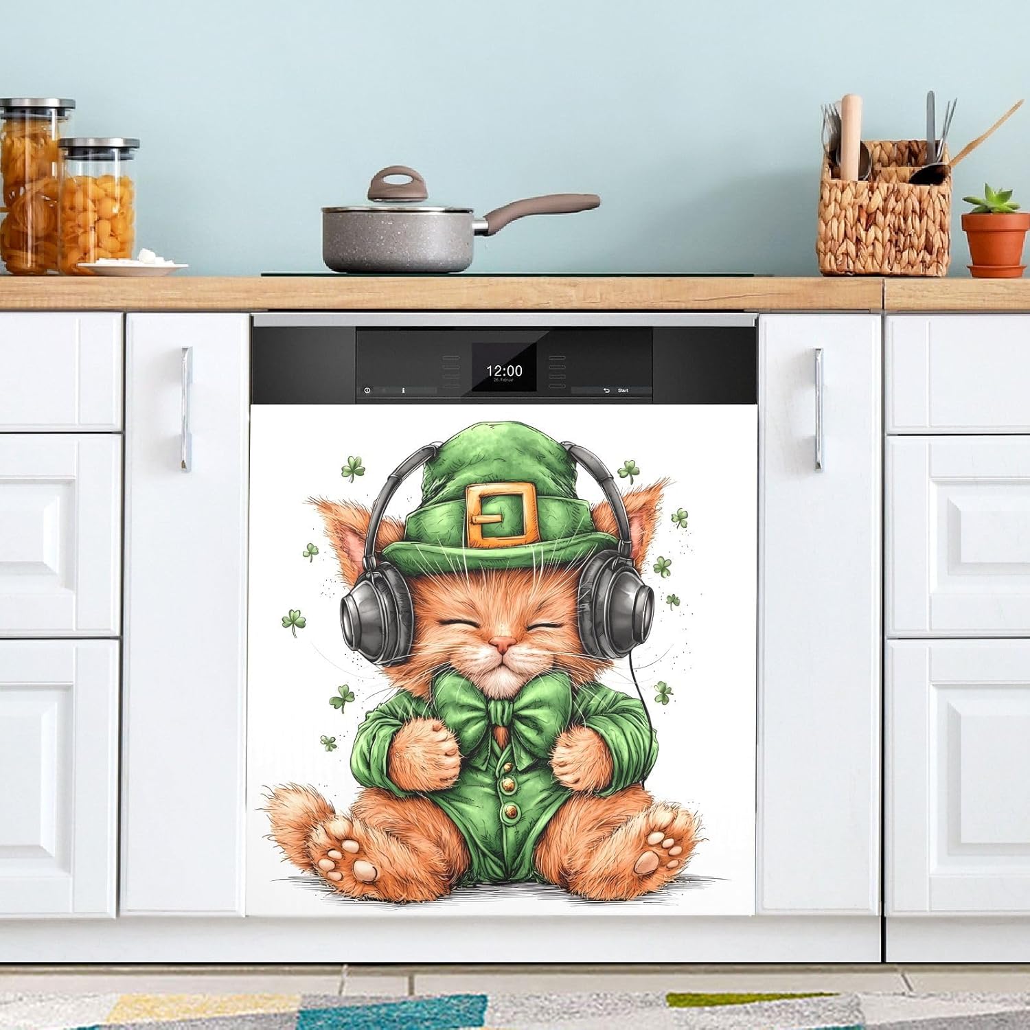 Dishwasher Magnet Cover Large Magnetic Stickers Green Hat Cat Front Dishwasher Cover Reusable Decal for Home Kitchen Anti-Scratch Refrigerator Decorative Lid Washing Machine Laundry 23
