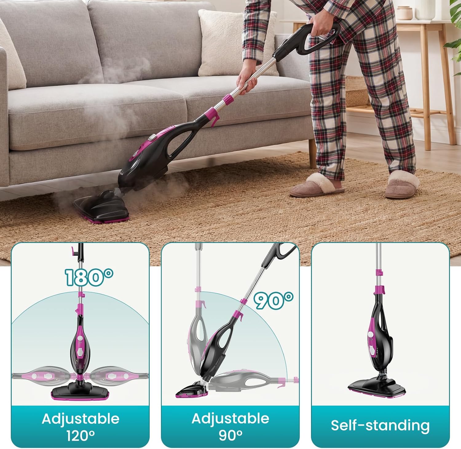 OLIXIS 10-in-1 Steam Mop, 1550W Detachable Handheld Steam Cleaner for Floor Cleaning, 16.4FT Cord, 2 Washable Pads, Multi-Purpose Floor Steamer for Hardwood, Carpet, Tile, Grout, Windows, Black Pink