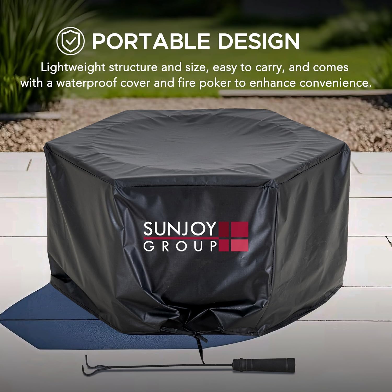 Sunjoy 28 in Smokeless Fire Pit with Removable Ash Pan, Outdoor Portable Hexagonal Wood Burning Fireplace with PVC Cover and Fire Poker,Ideal for Camping, Bonfire, and Backyard, Black