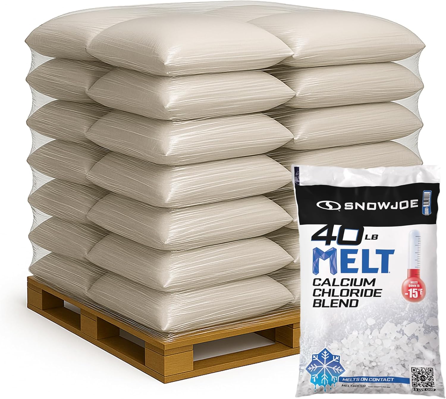 Snow Joe 56 Pack Calcium Chloride Blend Snow & Ice Melt, Fast-Acting Pellet-Form Deicer, 40 lb - Pet-Friendly Melter for Driveways, Sidewalks, Stairs, Non-Tracking & Easy-Pour Pellets, MELT40ESB