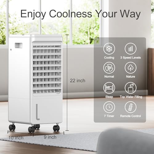 Portable Air Conditioners, 3-IN-1 Evaporative Air Cooler, Swamp Coolers w/ 2 Ice Pack, 1.85 Gal Water Tank, 4 Modes, 80° Oscillation, 7H Timer, Portable Ac for Bedroom, Room, Indoor White