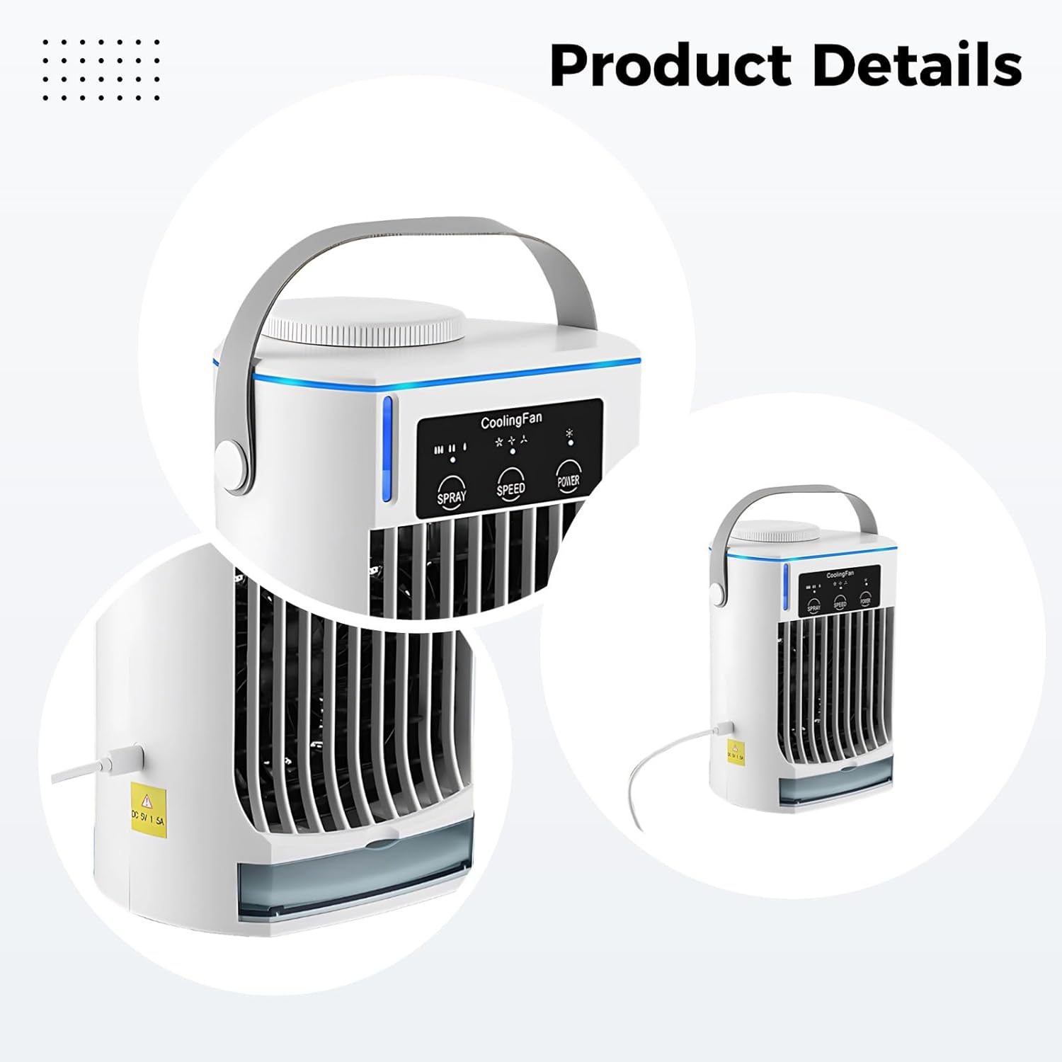 Desk Mini Portable Air Conditioner, Quiet 3-Speed Usb Fan Plug-In, 16.91 Oz/500 Ml Water Tank, Adjustable Speed & Mist, Charging Type-C, For Office Bedroom Dorm