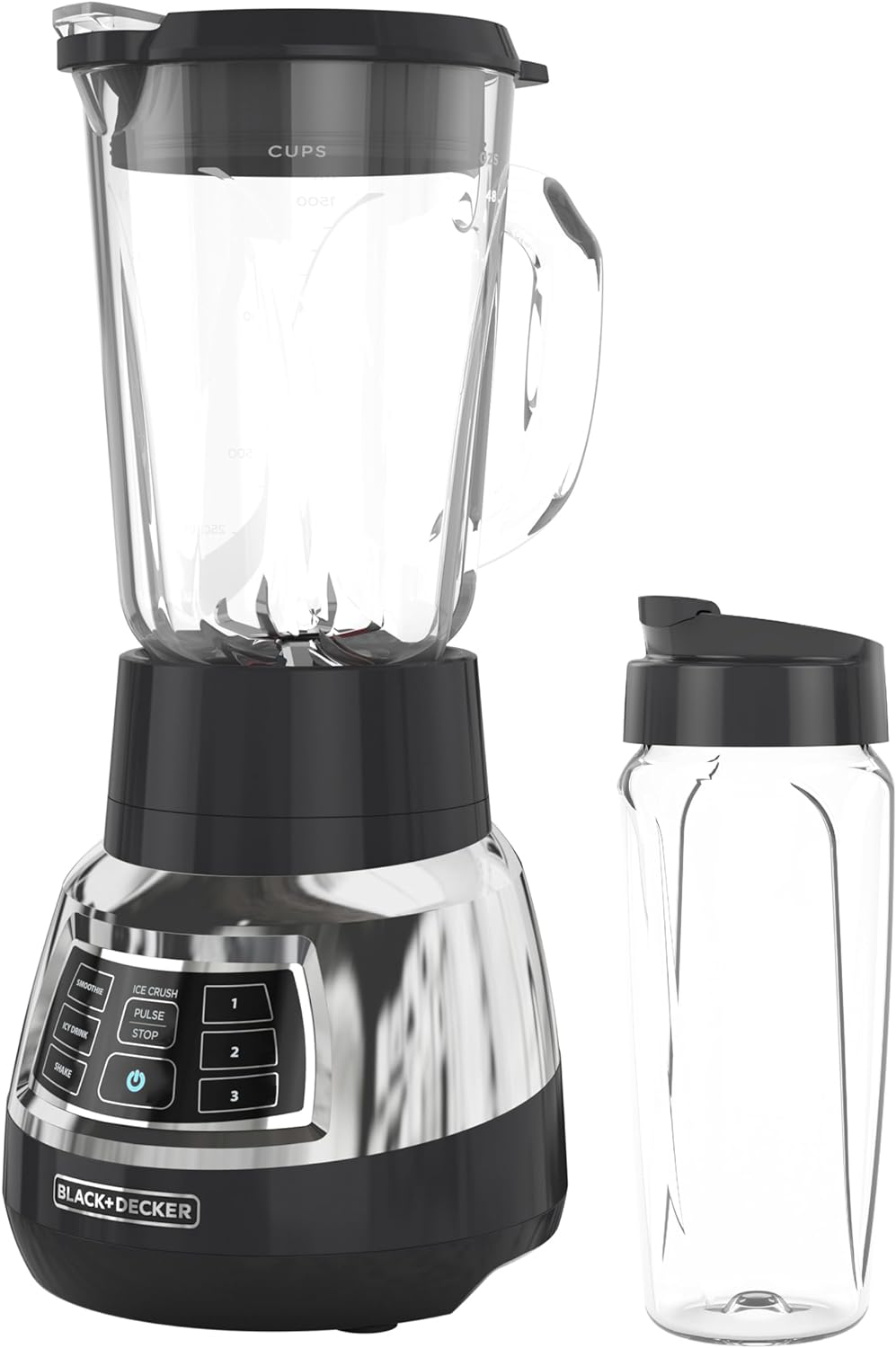 Black+Decker Quiet Blender with 6-Cup Cyclone Glass Jar, 3 Speeds + 3 Functions & Serrated Blade Technology for Faster Blending, Pulse Button and 24-oz Personal Jar, 900W