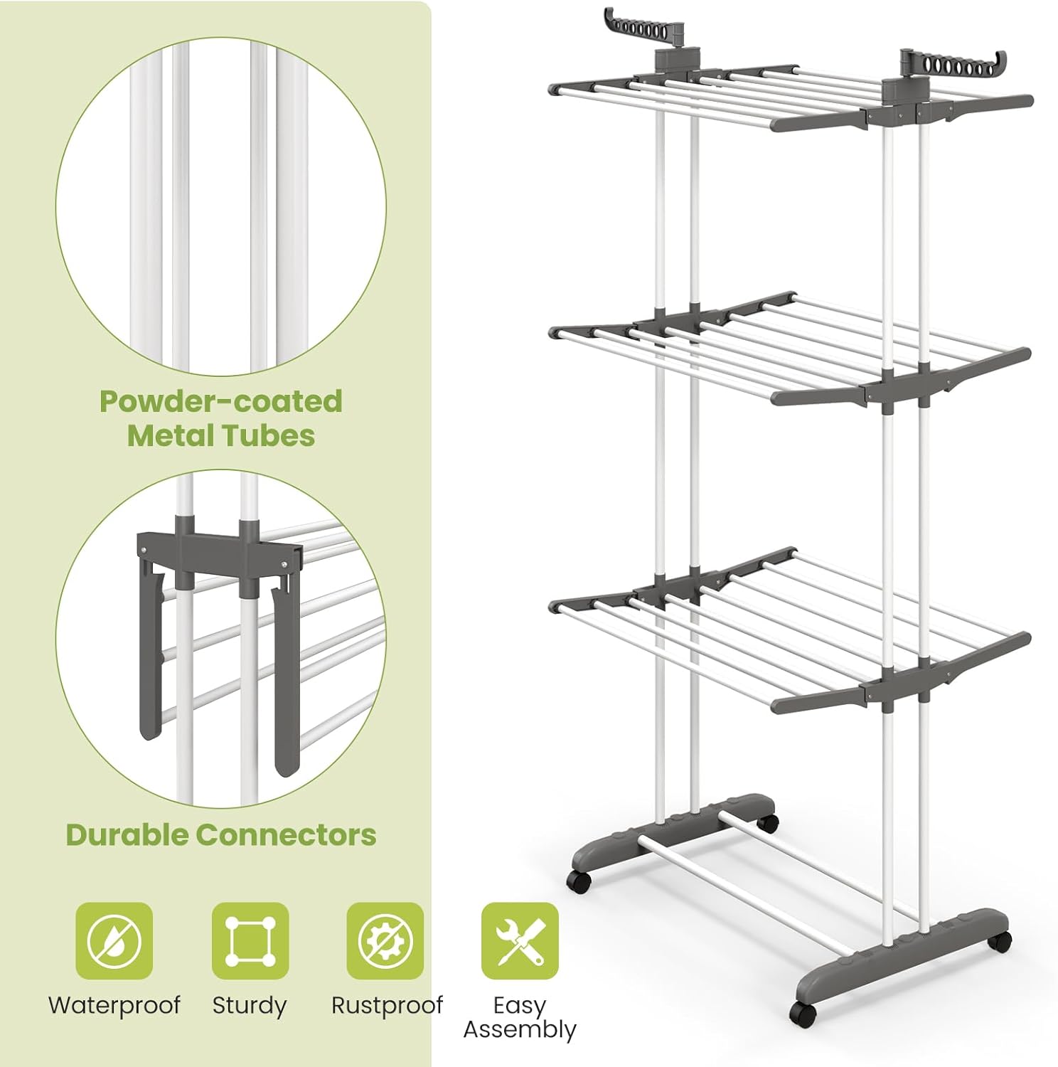 Giantex Foldable Clothes Drying Rack, Oversized 4-Tier Collapsible Laundry Rack w/ 3 Retractable Trays, Hanger Holders, Moveable Laundry Garment Dryer Stand w/Wheels for Indoor Outdoor Use