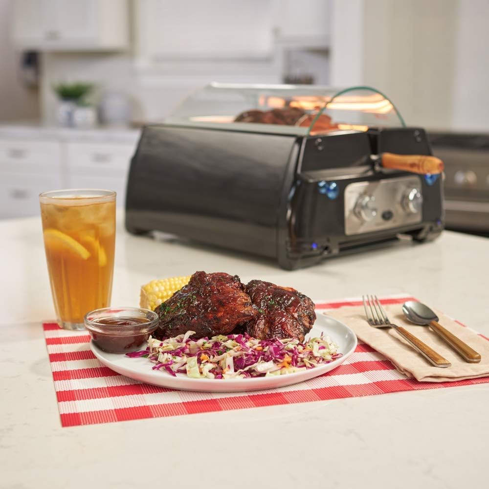 Kitchen Chef Indoor Smokeless Rotisserie Grill – Large Capacity – Multi Functional – Stainless Steel Construction – Auto Shut Off – Flameless Infrared Heating Technology – Tempered Glass Lid And Drip Tray – Black