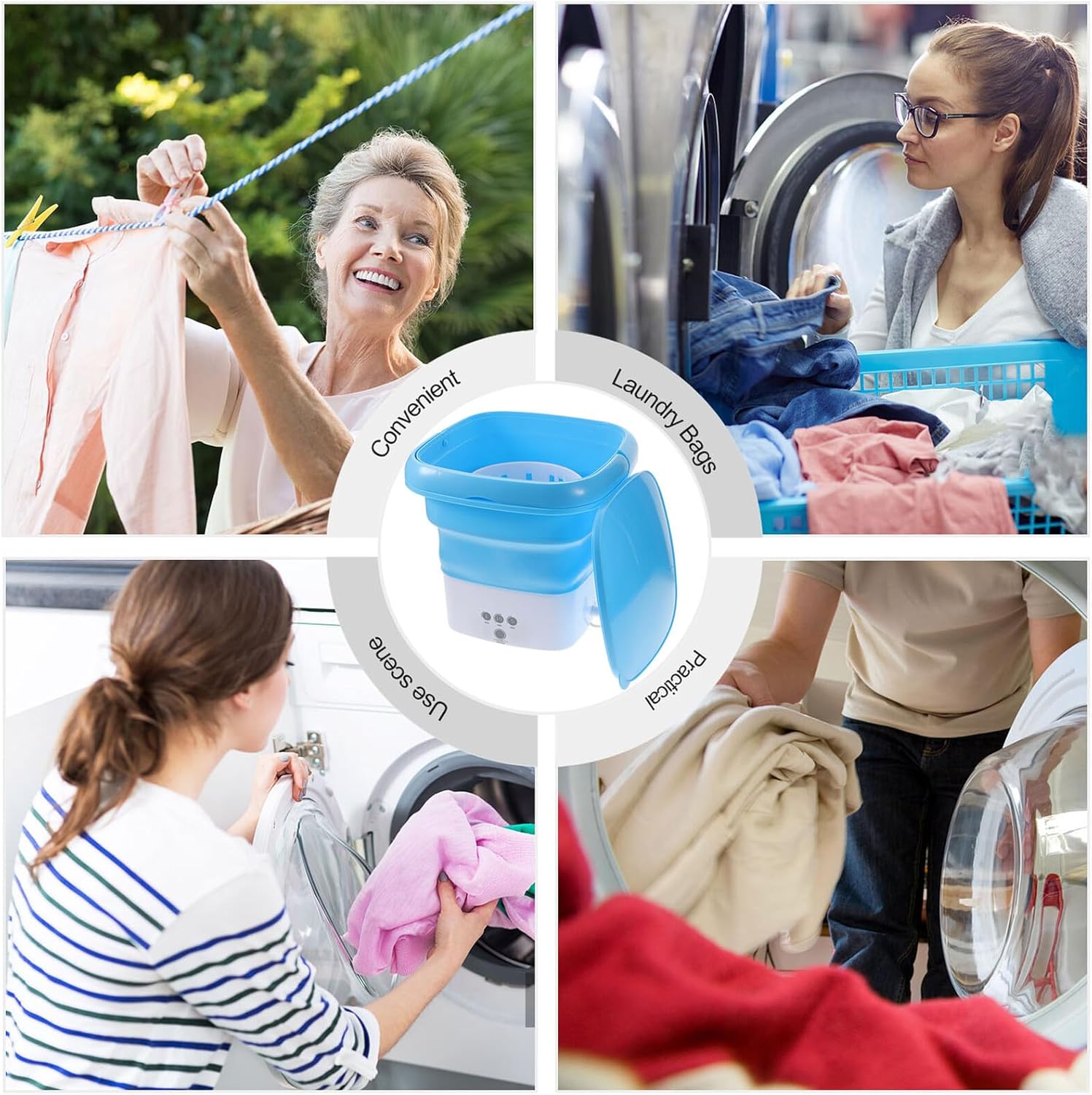 NUOBESTY Portable Mini Folding Washing Machine with Built Motor Foldable Bucket Washer for Underwear and Clothes Detachable Drain Basket Touch Control Timer for Apartments Travel Camping