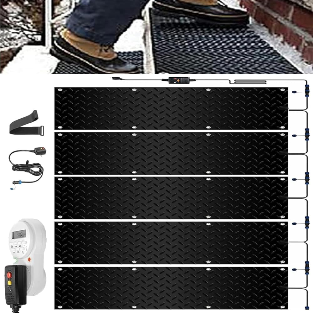 Snow Melting Walkway Mat with Timer, Stairs Snow & Ice Melting Mat for Winter Black Heated Snow Melt Mats Non Slip Rubber Heating Entrance Mats with Plug Power Cord(5 Pcs-10in x 35.4in (25.4x90 cm))