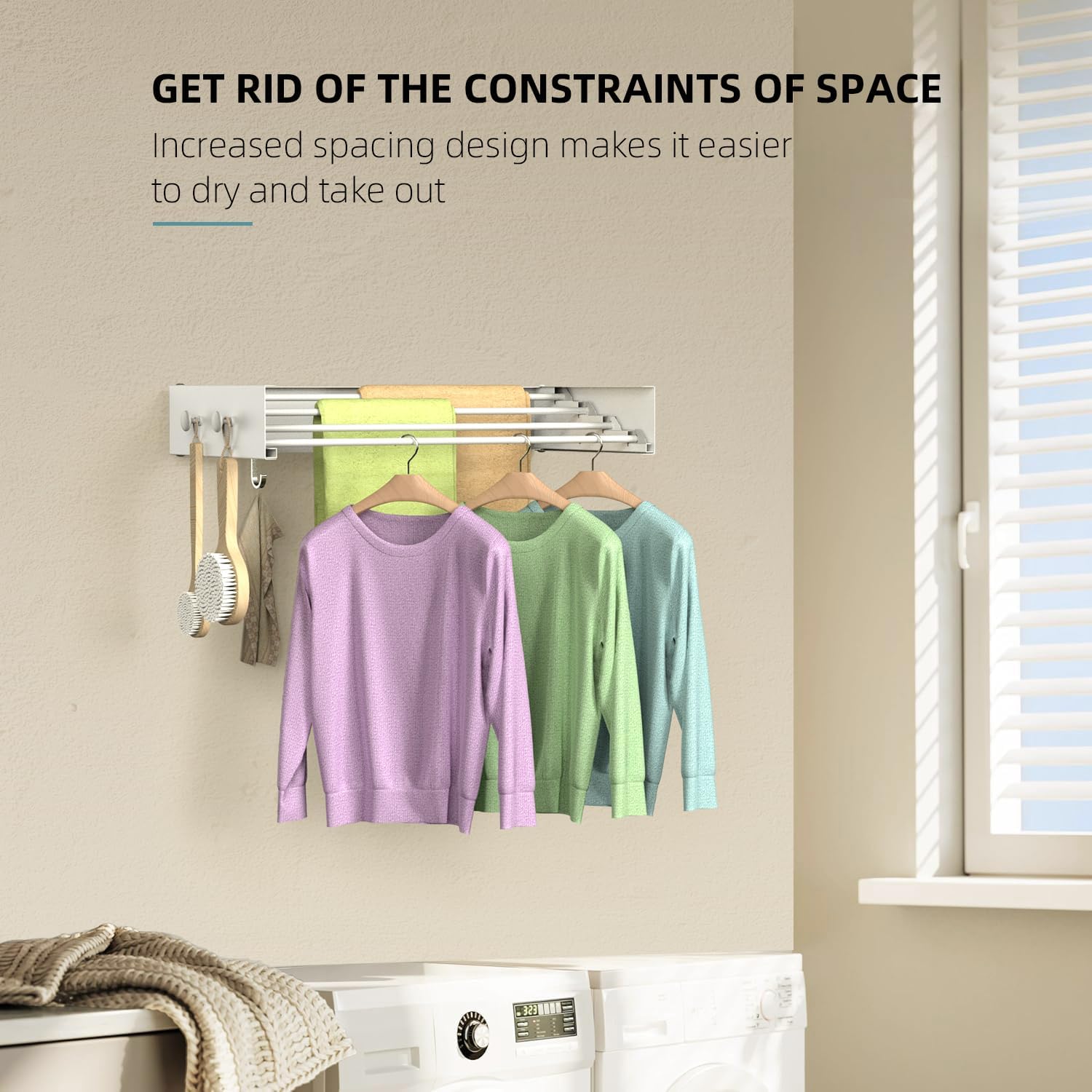 Drying Rack Clothing,Clothes Drying Rack Wall Mounted,Laundry Drying Rack Wall Mount,Foldable,Collapsible,60 lb Capacity 4 Aluminium Poles with 8 Hooks,Space Saving Clothes Drying Rack,White 23.6