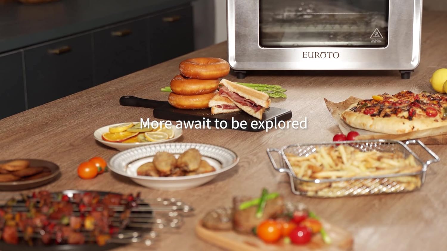 EUROTO Stainless Steel Large Capacity 26.8 QT Air Fryer Oven, 24 in 1 Multi-function, 360 Air Circulation Toaster Oven, LCD digital Display, 4 Layer Shelves, Included Oven Gloves & Apron Up to 450°F