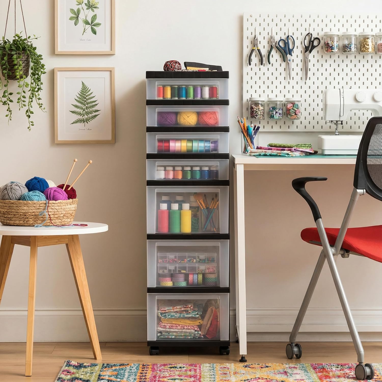 IRIS USA Plastic Drawer Storage Organizer Rolling Cart, with Wheels Casters, 7-Drawers, for Classroom Art Craft Supplies Dresser Closet Bathroom Laundry Room, Black/Clear