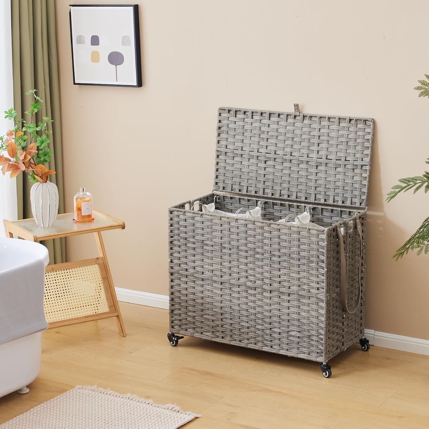 Laundry Hamper with Wheels, 52.8 Gallon(200L) Rolling Laundry Basket with Lid, 3-Section Rattan Clothes Hamper with 3 Removable Liner & 3 Mesh Bags, Laundry Sorter with Side Pocket, Grey