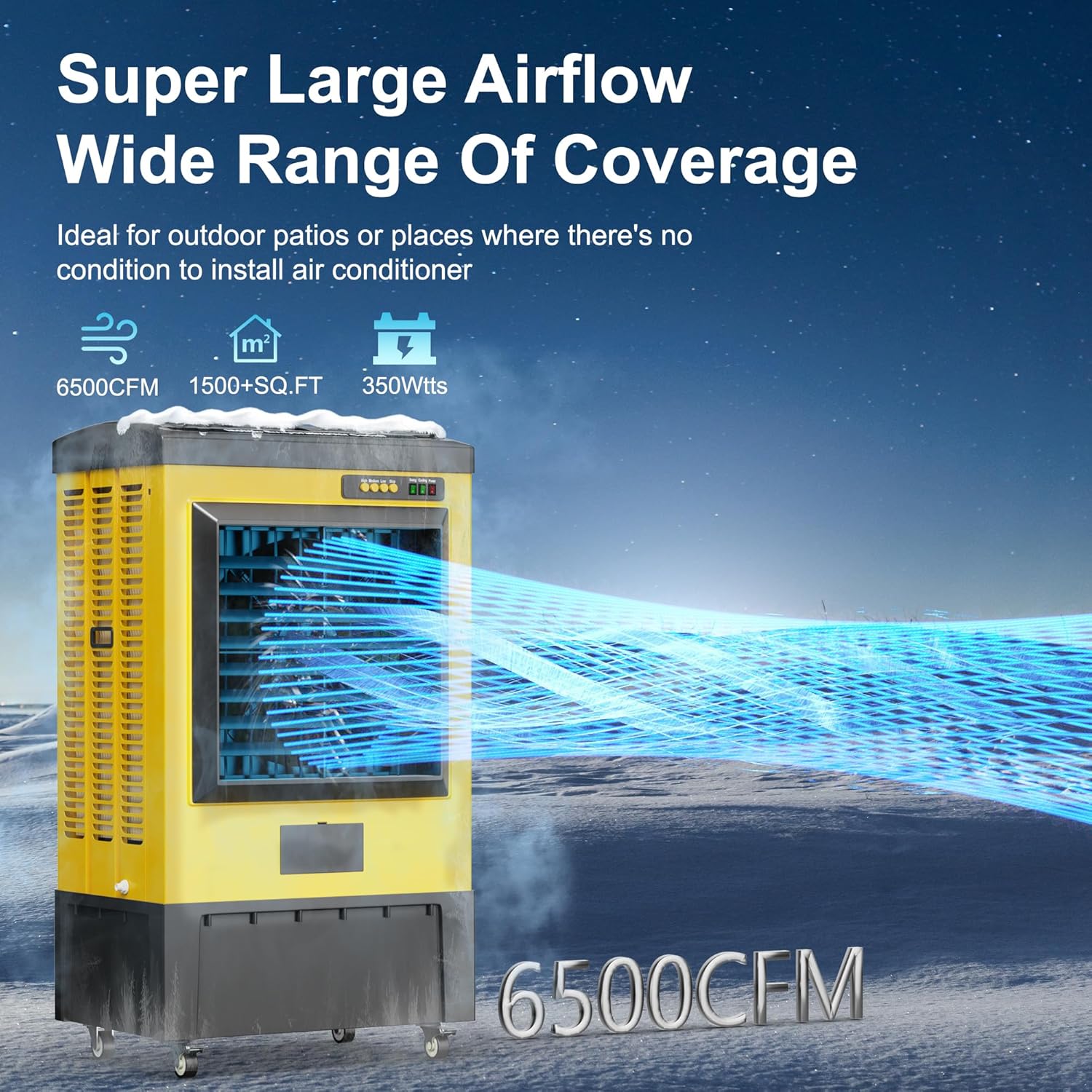 Swamp Cooler,6500 CFM Evaporative Air Cooler,19 Gal Water Tank Outdoor Air Conditioner,3 Speed,Suitable for Indoor & Outdoor Garage,Patio,courtyard,factory workshop,50inch,Yellow