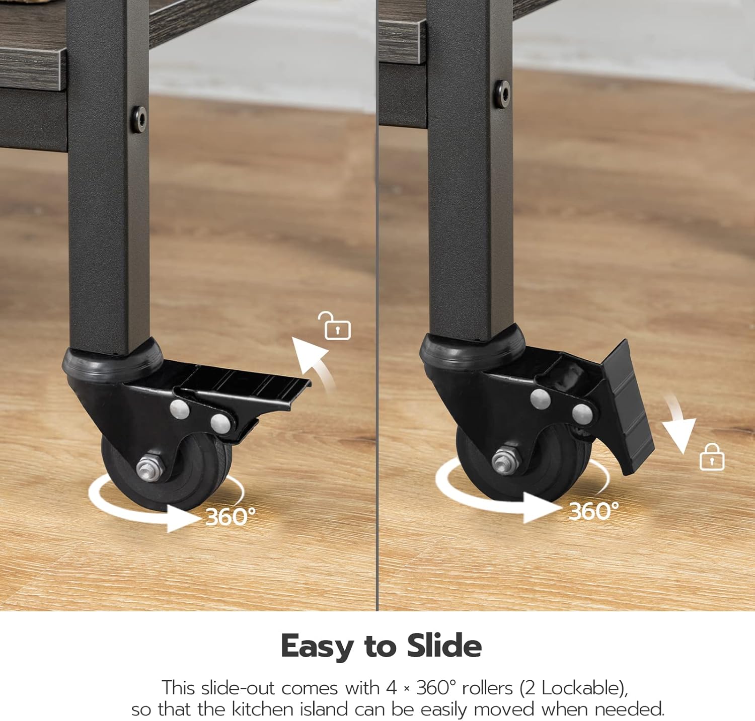 HOOBRO Kitchen Island with Storage,Industrial Kitchen Island on Wheels and Side Enclosures, 3 Tier Kitchen Cart with Large Workstation, Stable, Easy Assembly, Charcoal Gray and Black BC03ZD01