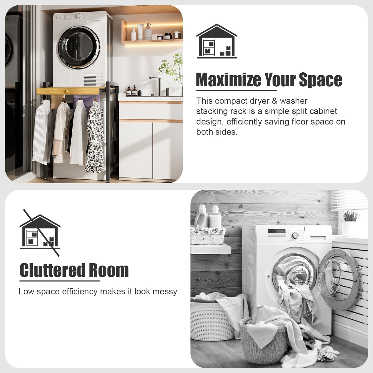 Washer Dryer Stacking Rack, Freestanding Over The Washer and Dryer Rack with Sliding Rail Hanger for Laundry Room, Bathroom Organization, 200KG Load Capacity, 24.8