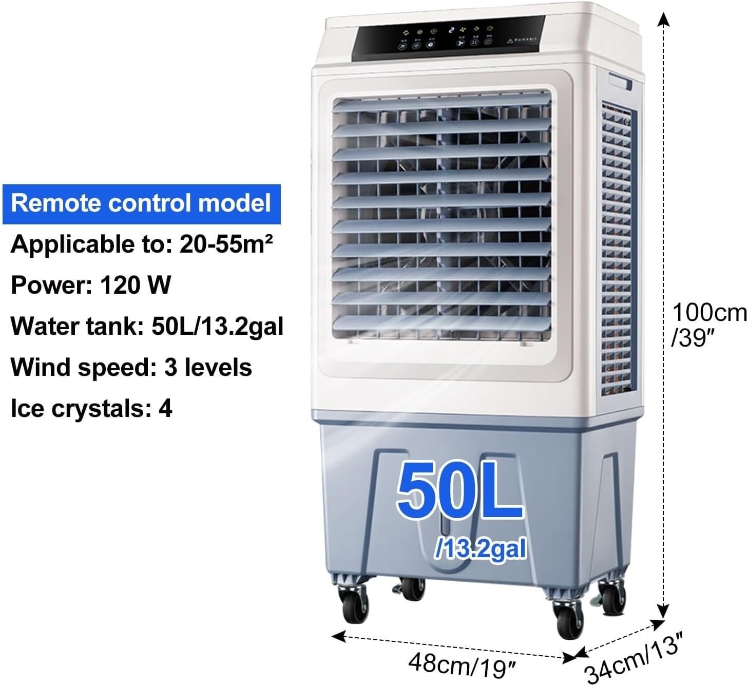 Portable Air Conditioner, 50L Swamp Cooler, 3-Speed Fan, Evaporative Air Cooler with Remote, 120° Oscillation, 4 Ice Crystals, Ideal for Home & Large Spaces