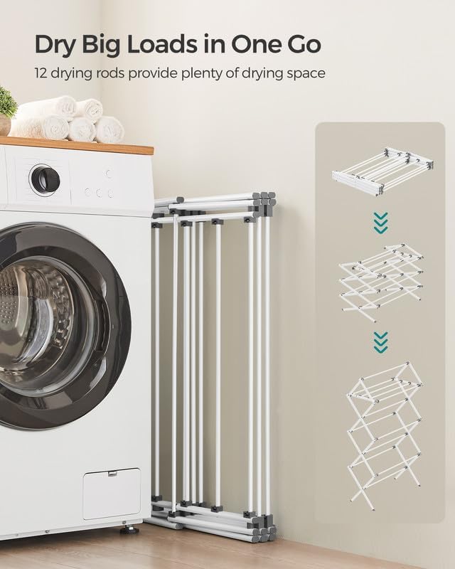 SONGMICS Foldable Clothes Drying Rack, Laundry Drying Rack, Clothes Airer, Steel Frame, 14.6 x 29.5 x 53.2 Inches, Easy Assembly, Indoor Outdoor Use, White ULLR770W01