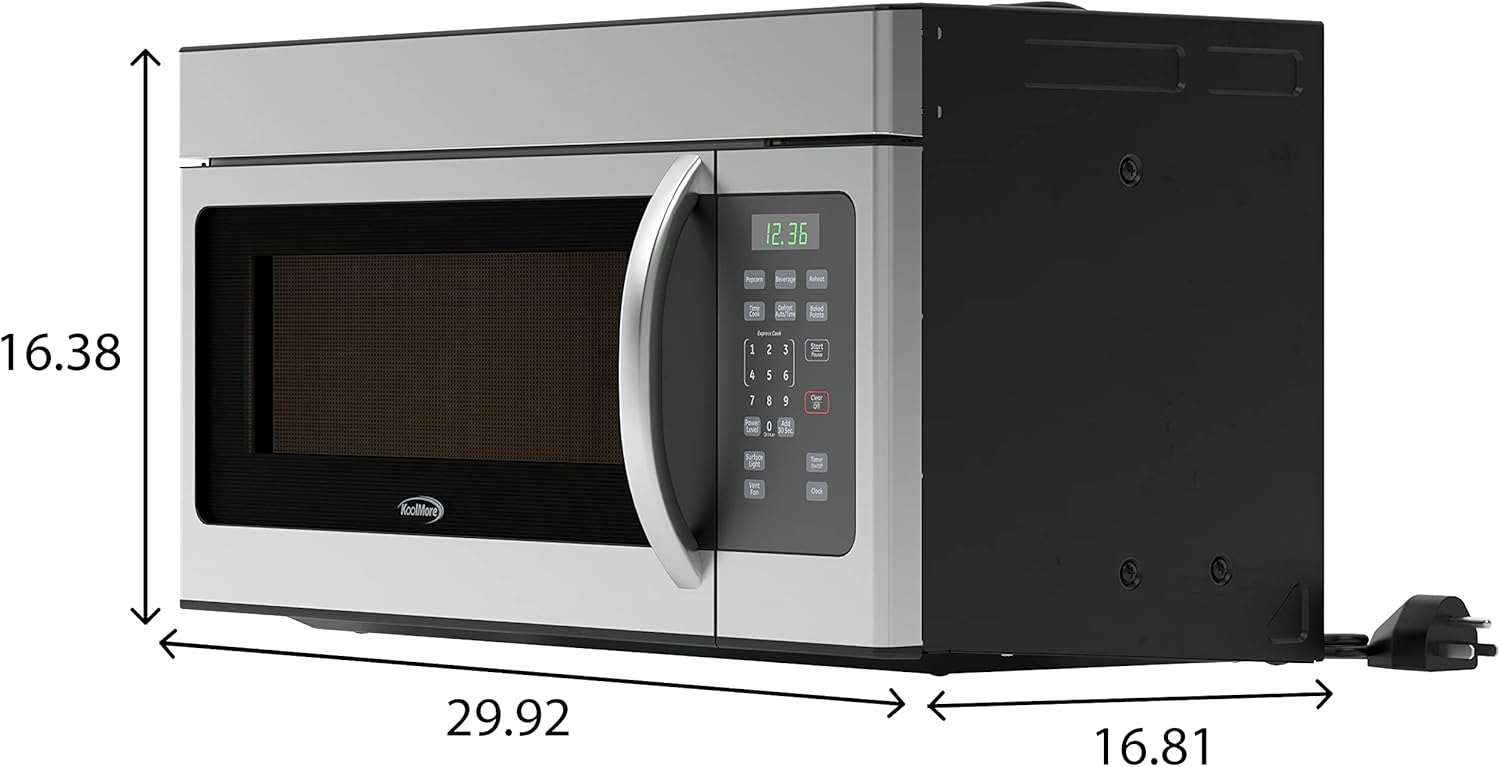 KoolMore 1.6 Cu. Ft. Over the Range Microwave Oven with Oven Lamp and 300CFM Recirculation Vent Hood Function, Auto Cook Menus, Reheat Function, 10 Power Levels, Timer, and Weight Defrost (KM-MOT-1SS)