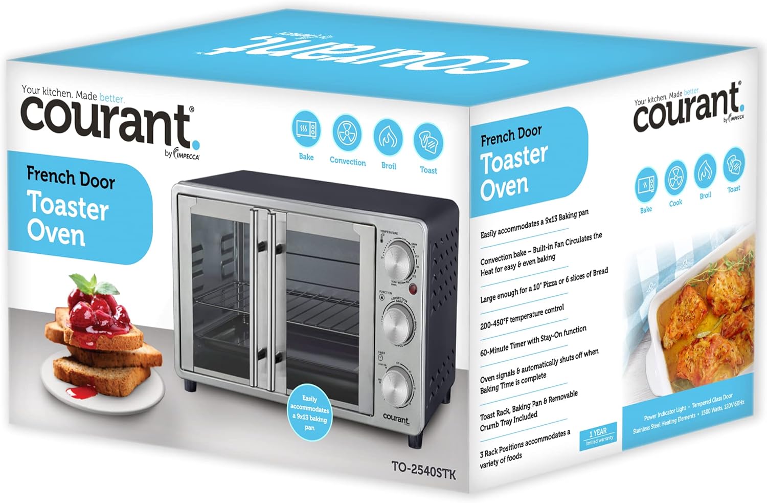 Courant French Door Convection Toaster Oven & Broiler, Bake Broil Toast Oven, Fits 9x13’’ Aluminum Baking Pan, 6-Slices, 10’’ Pizza, Convection Oven - Stainless Steel