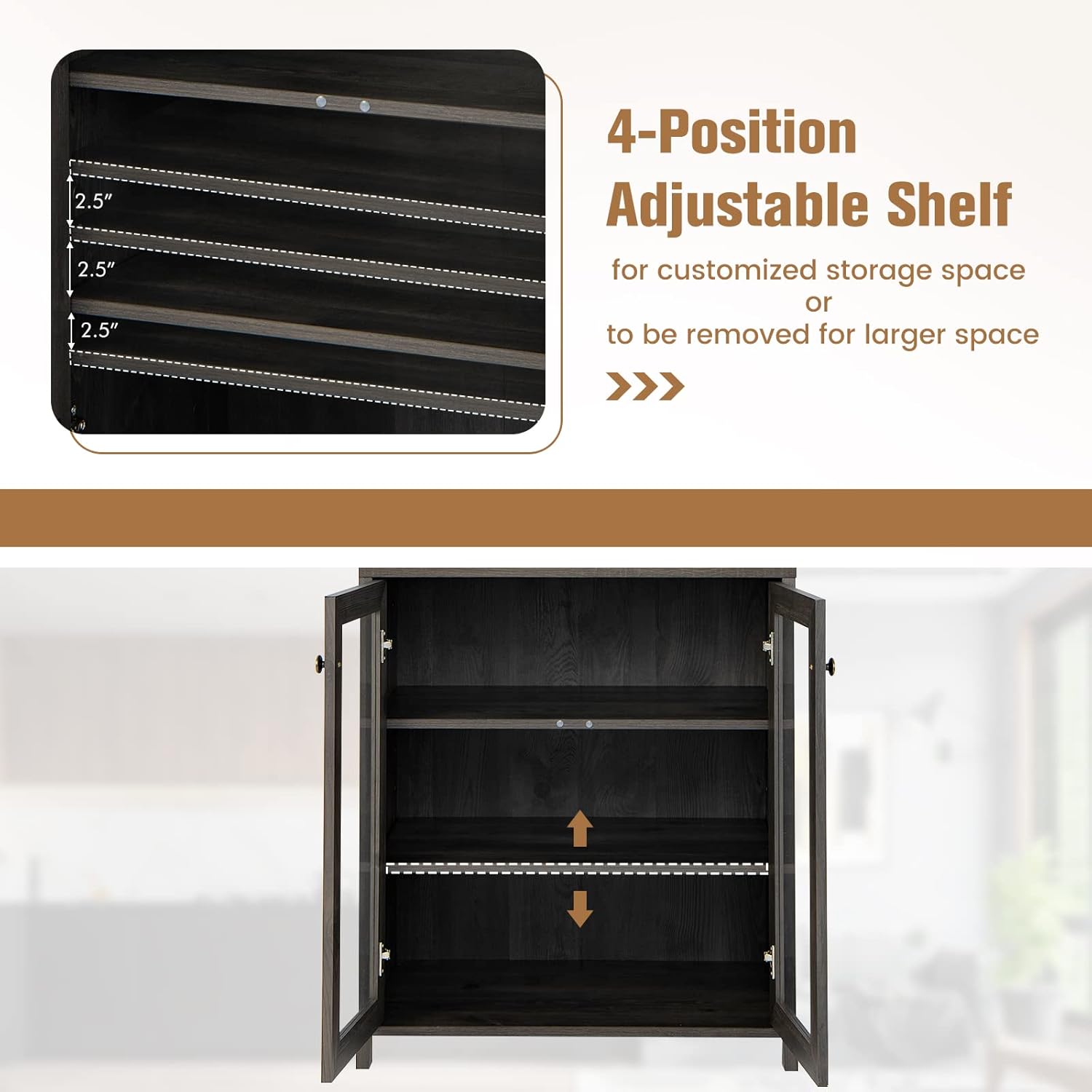 LOKO Kitchen Pantry Storage Cabinet, Farmhouse Buffet Hutch with Stemware Rack, Microwave Countertop & Tempered Glass Doors, 67.5