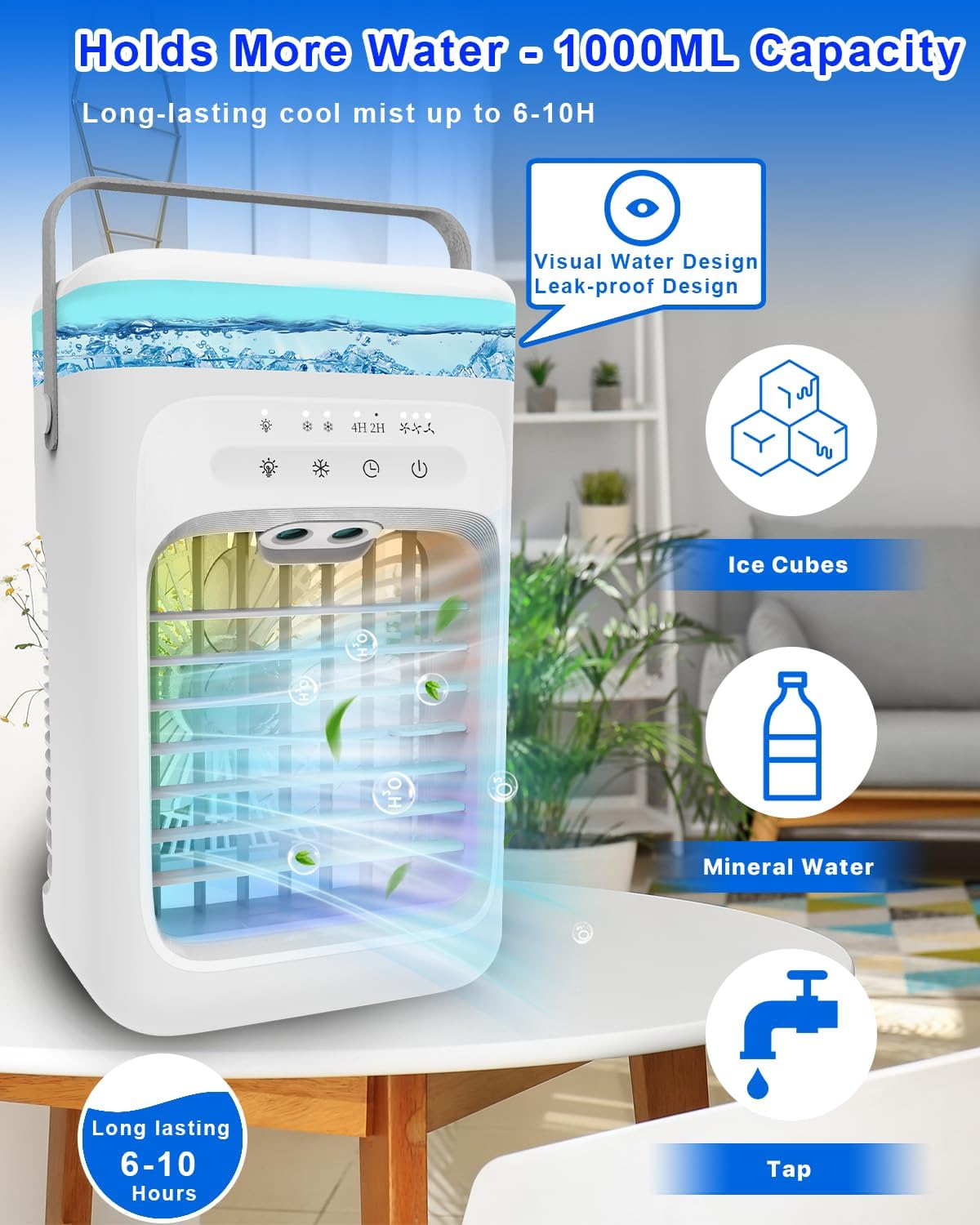 Portable Air Conditioners, 2025 Upgrade Evaporative Air Conditioner Air Cooler with 3 Wind Speeds, 2-4H Timer, 7-Color LED, Eco-Friendly Mini Cooling Fan for Home, Bedroom, Office, and Travel,White