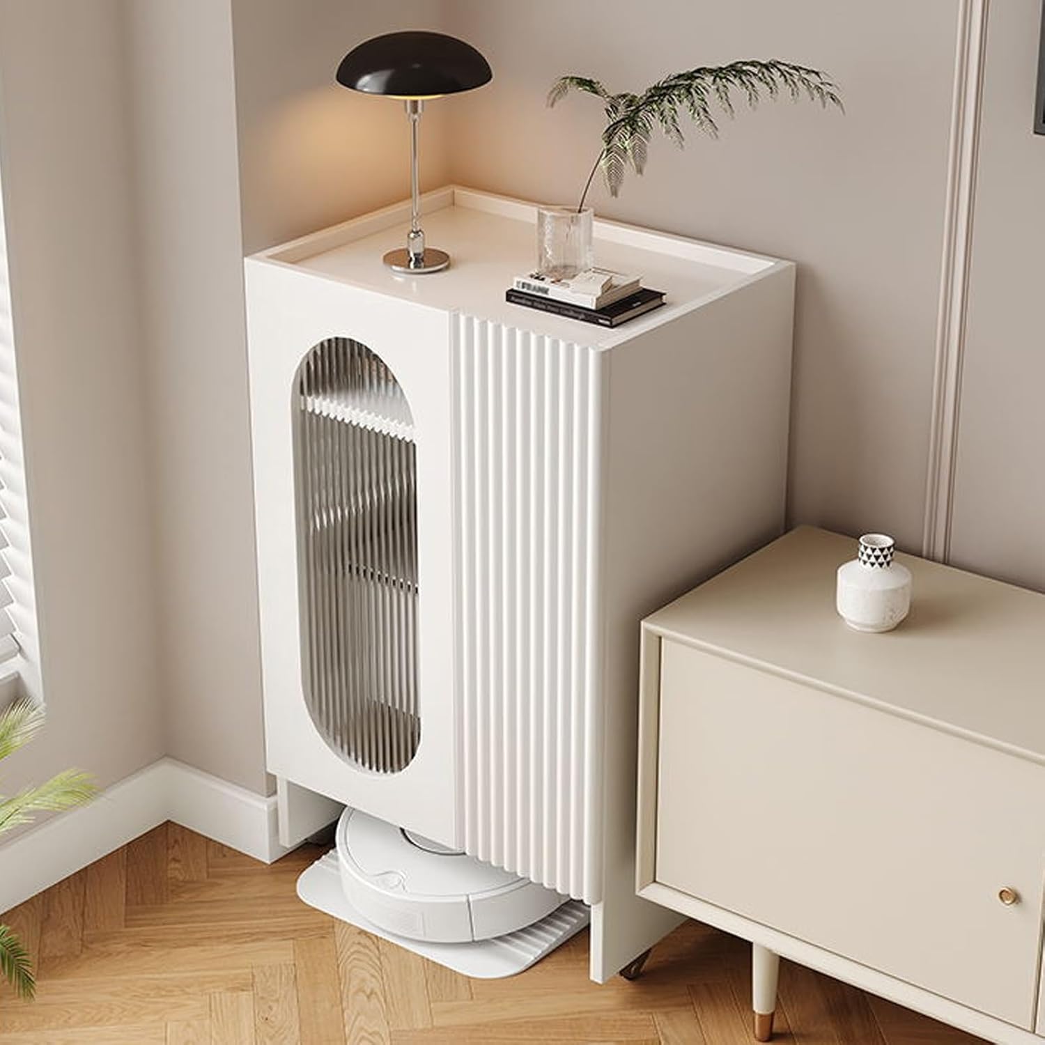 Storage Cabinet with Door for Robot Vacuum, Robot Vacuum Hiding Cabinet, with Wheels Household End Side Table, Wood Organizer Stand for Living Room, Home Office(Champagne)