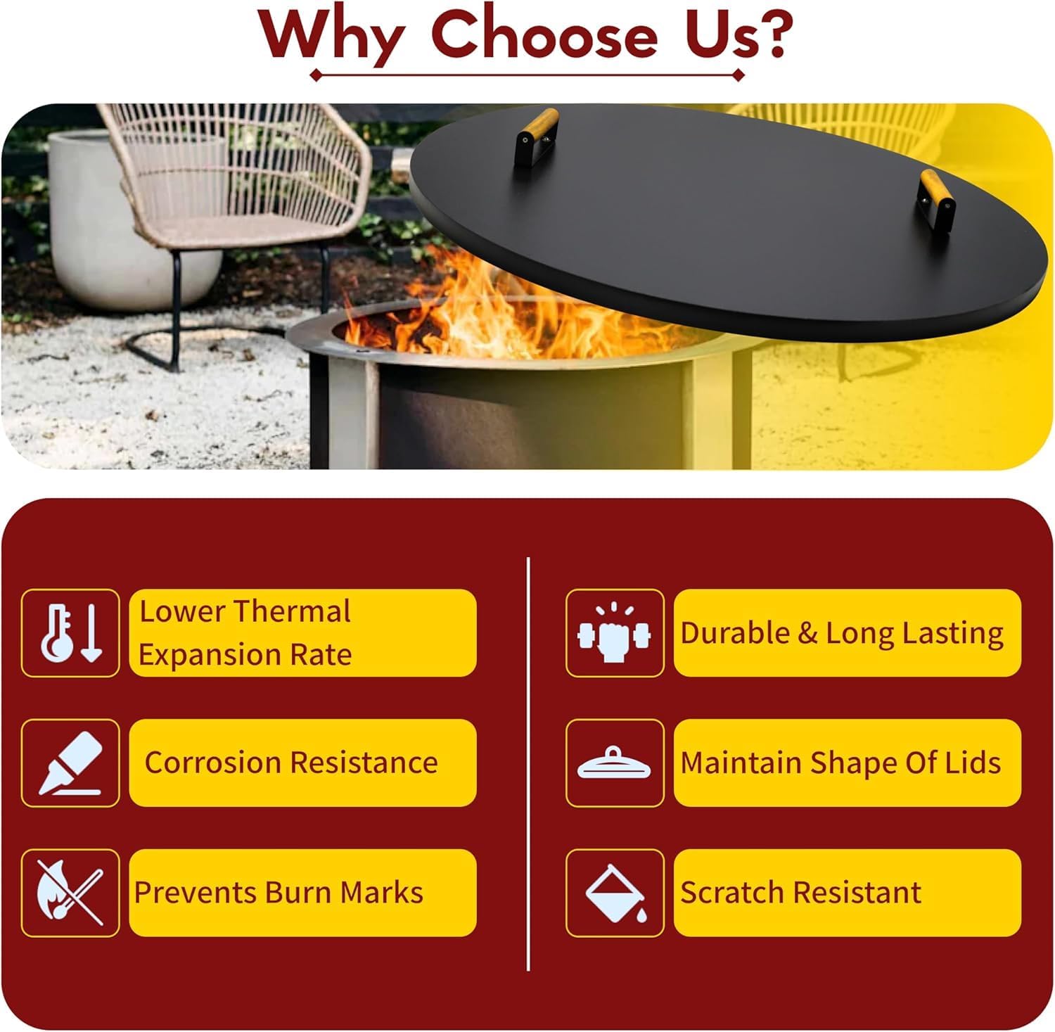 35” Round Fire Pit Lid – Powder Coated Fire Pit Cover Lid Round for Outdoor Fireplace -16 Gauge Steel Flat FirePit Burner Pan Cover with Dual Wooden Handles Snuffer Lid for Round Patio FirePit Ring