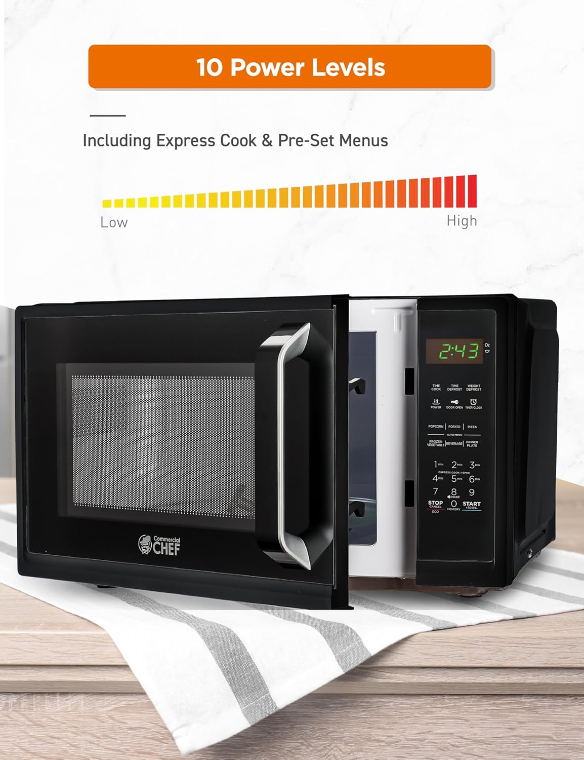 COMMERCIAL CHEF 0.9 Cubic Foot Microwave with 10 Power Levels, Small Microwave with Grip Handle, 900W Countertop Microwave with Digital Display, Door Lock and Kitchen Timer, Black