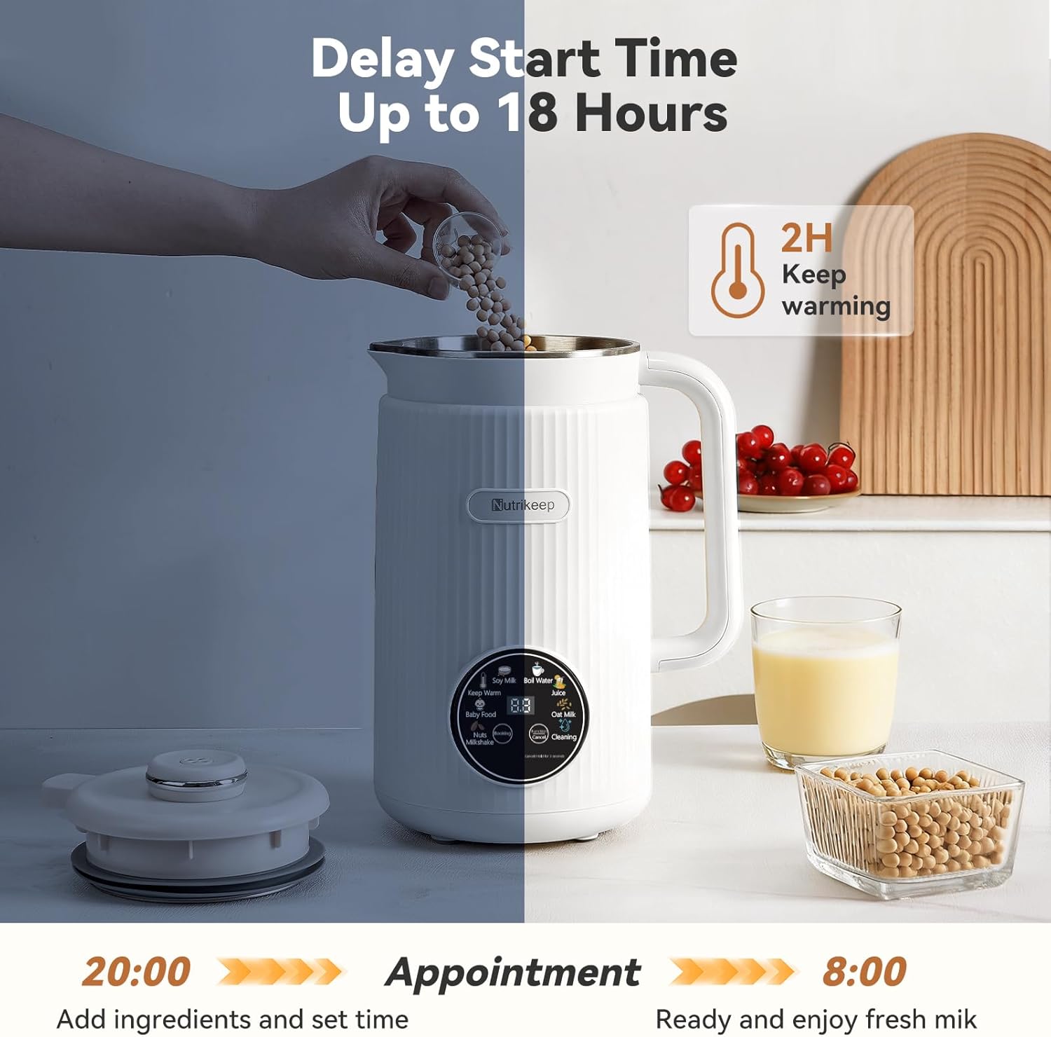 Upgraded 8-in-1 Nut Milk Maker Machine with Stainless Steel Lid, 40oz Soy Milk Maker for Almond, Oat, Coconut, Juice, Plant Based Milk Maker Blender with 18H Delay/Keep Warm/Self Cleaning