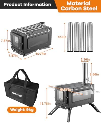 Camping Wood Stove，Wood Burning Tent Stove，Portable Hot Tent Stove for Camping, Hunting, Ice Fishing，Cooking，Shelter (Black)