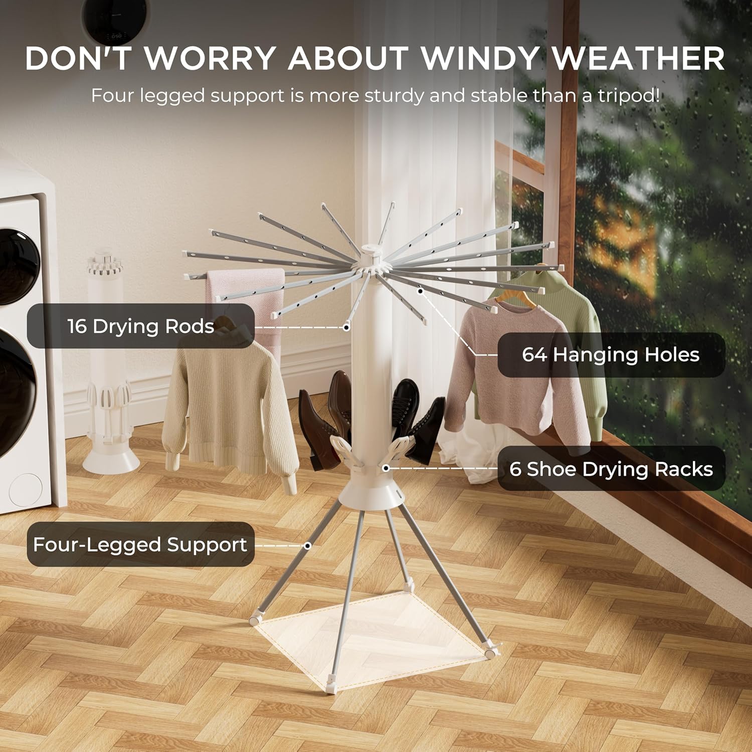 Clothes Drying Rack 4-Legged, Foldable Laundry Drying Racks with Anti-Slip Holes and 4 Pulleys, Shoe Dryer Rack, Outdoor Portable Drying Rack Clothing, Indoor Dry Rack for Clothes, Shoes, Towel