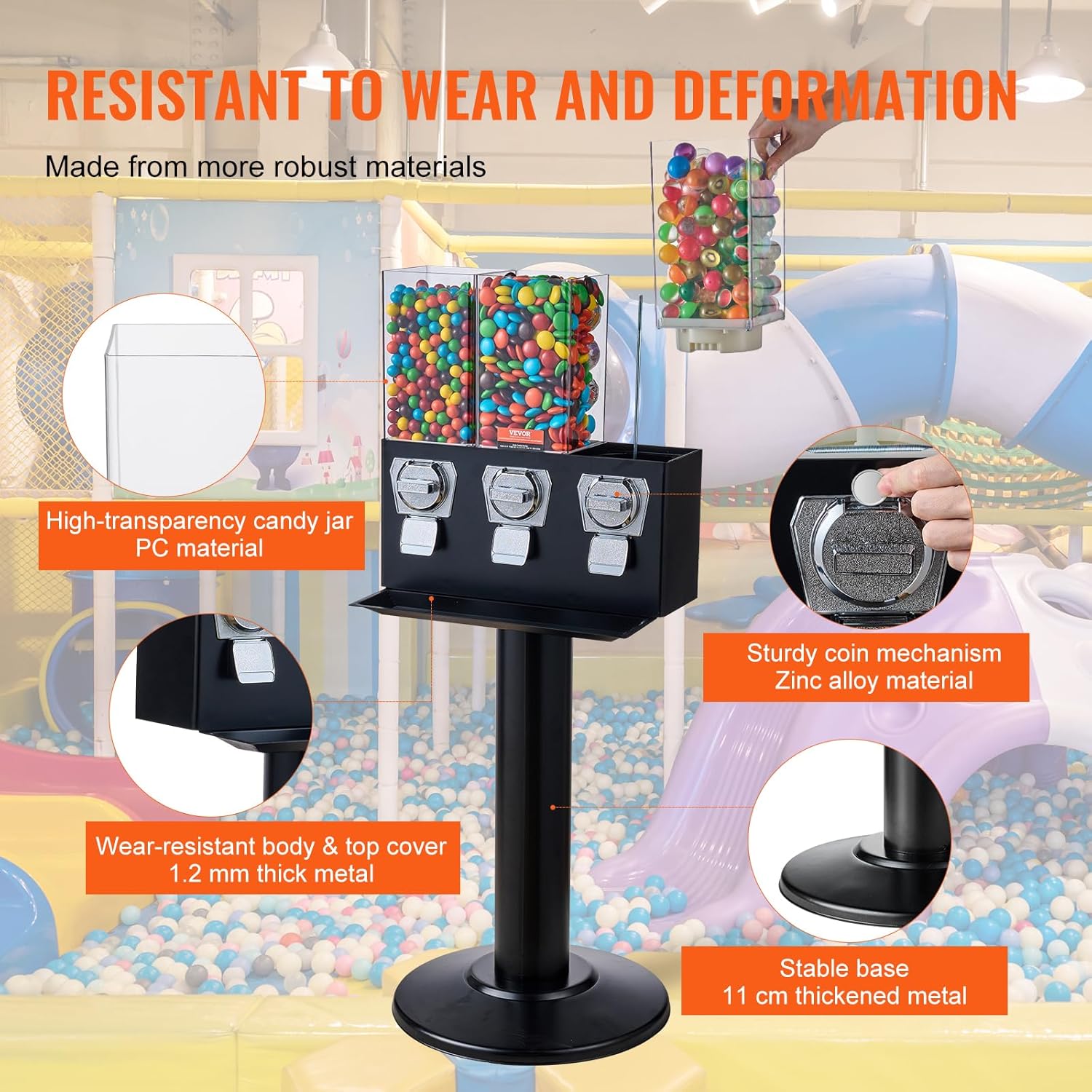 VEVOR Commercial Vending Machine, Triple Compartment Candy Dispenser with Iron Stand, Gumball and Candy Machine for Business, Coin Operated Gumball Bank for Toy Capsules Bouncy Balls Candy Nut, Black