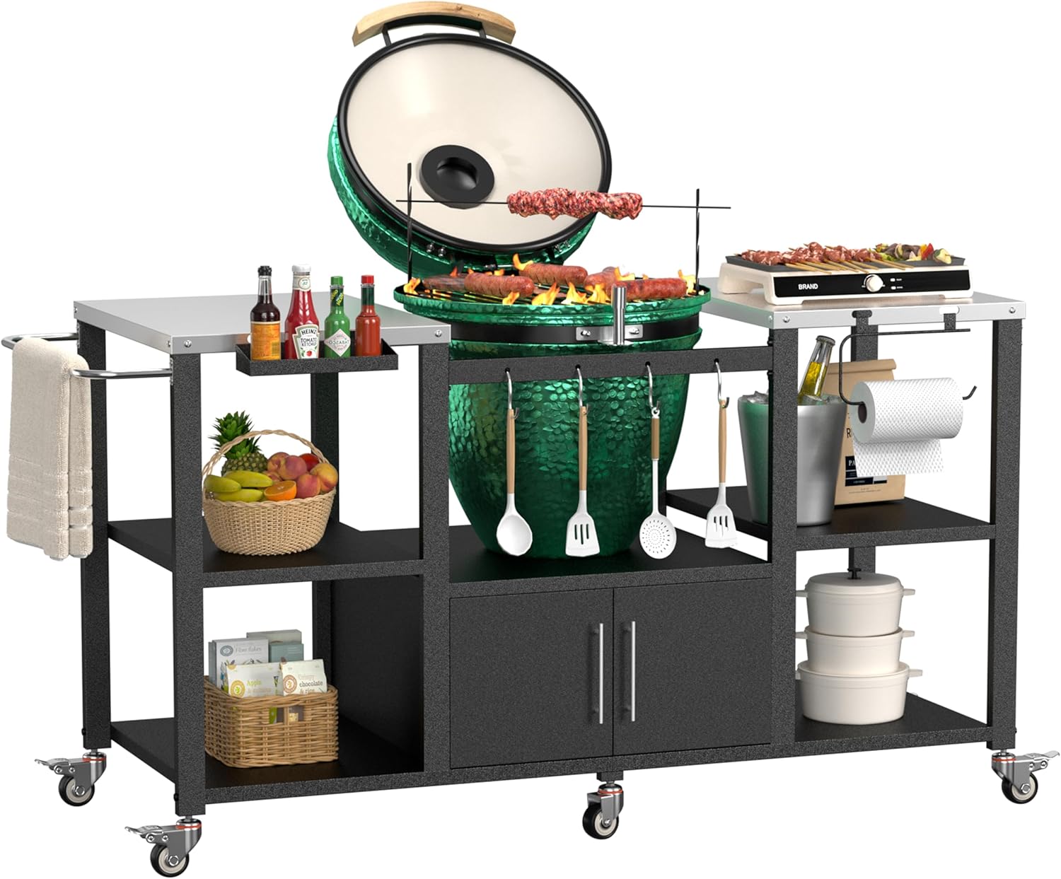 65”L x 24”D x 33”H Outdoor Grill Cart for Large Big Green Egg, Movable Grill Table with Steel Tabletop, Food Prep Station with Storage, Pizza Oven Stand with Wheels for Patio, Kitchen