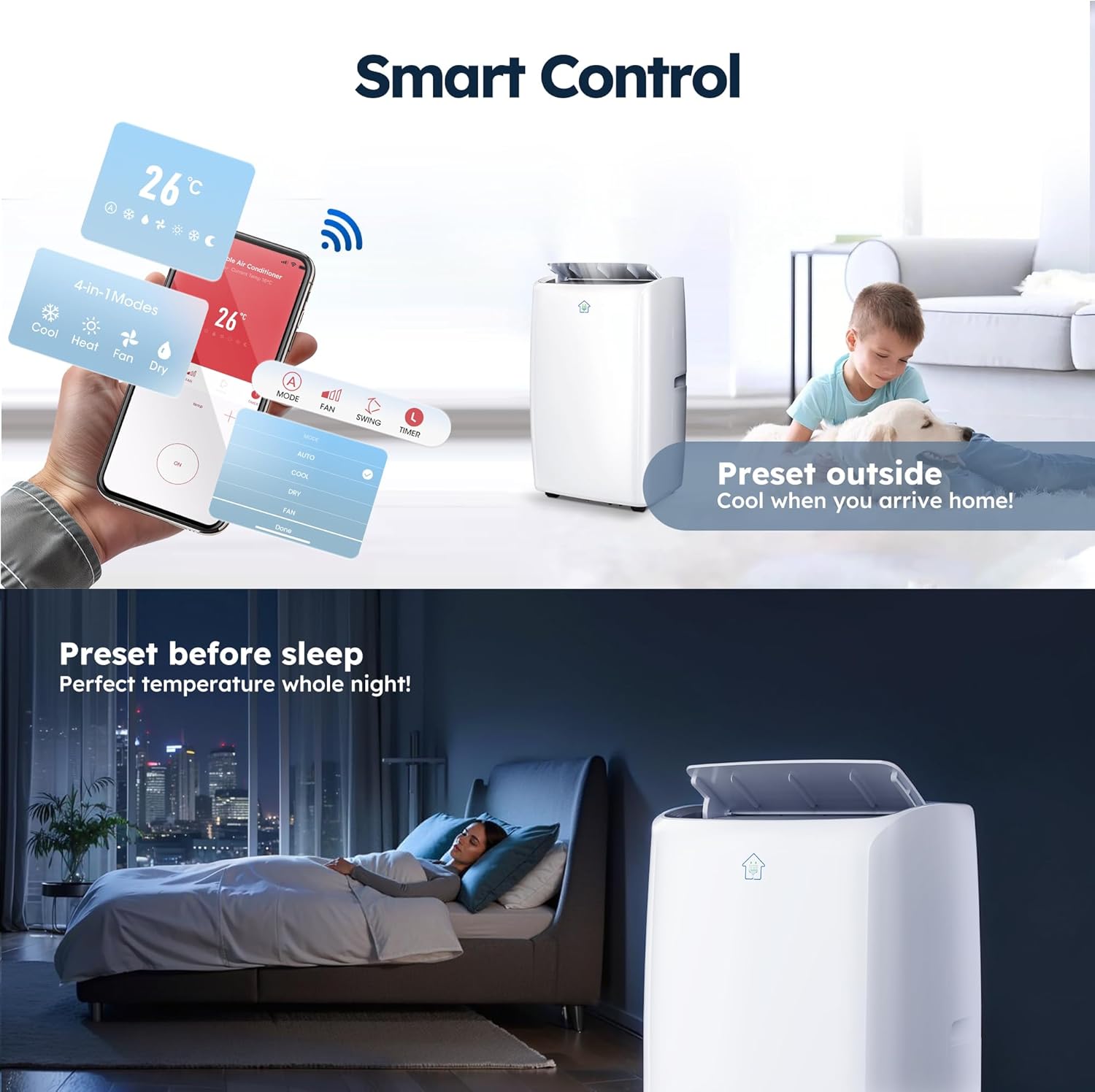12,000 BTU Smart Air Conditioner with Heat, 4 Modes 3 Speeds Portable AC Unit with APP, Fast Heating/Cooling/Dehumidifier/Fan Mode/Remote Control/24Hrs Timer for Bedroom/Dorms/Office