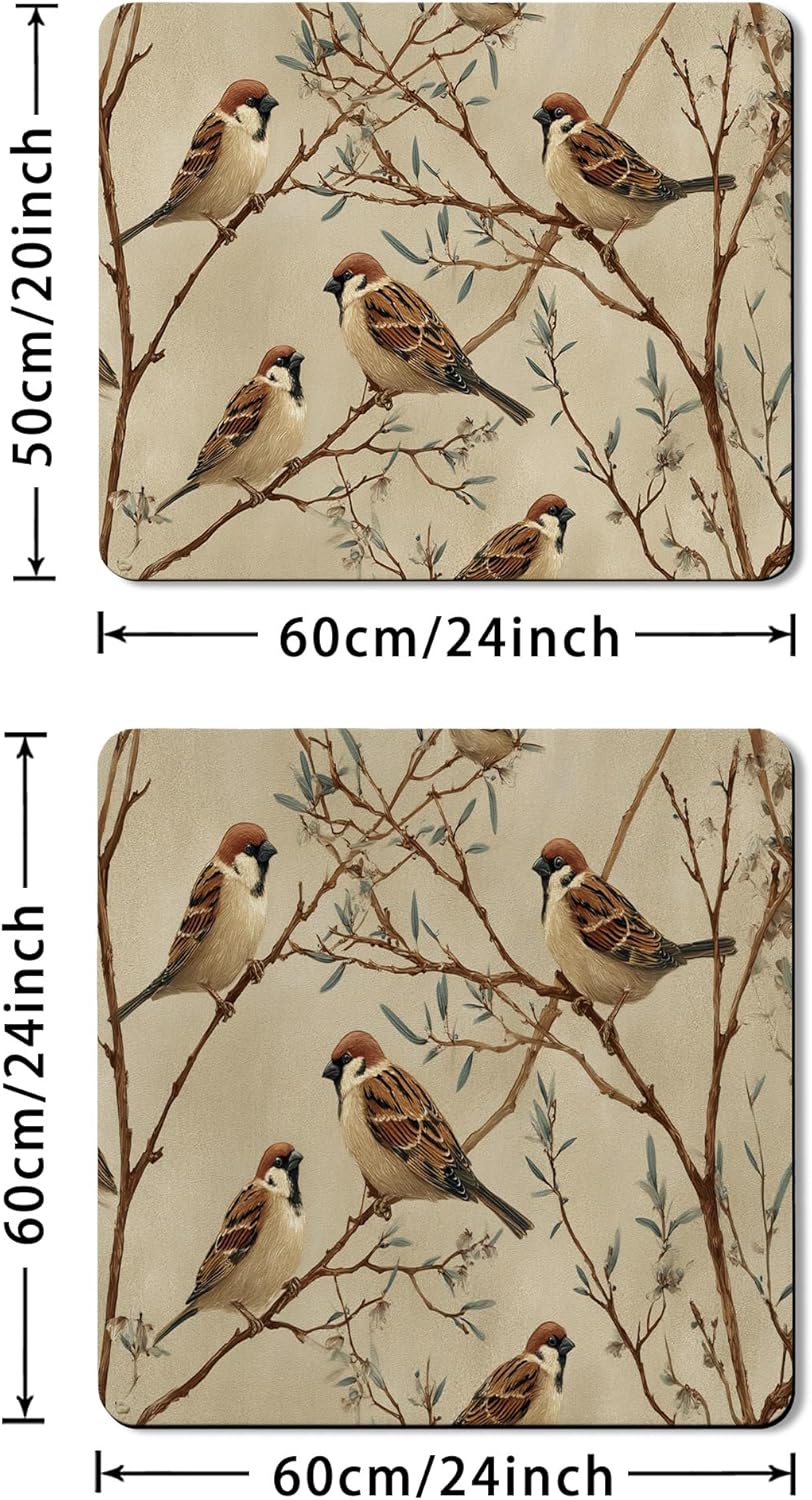 Sparrow Washer Dryer Top Protector Mat, Vintage Botanical Laundry Machine Dust Covers, Spring Decorative Rubber Anti-slip Waterproof Washer And Dryer Mats for Laundry Room 20x24 Inch