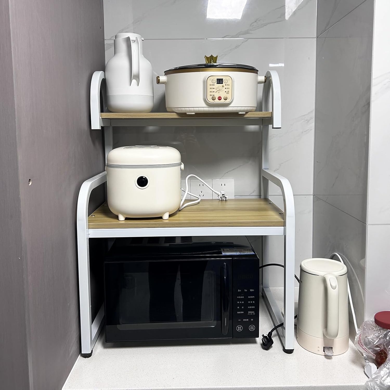 2-Tier Multifunctional Microwave Ovens Countertop, Stand Kitchen Storage Shelf Organizer, Kitchen Storage Organiser Cabinet, with 3 Hooks Kitchen Tableware Storage Shelf (Color : White, Size : 60 * 4
