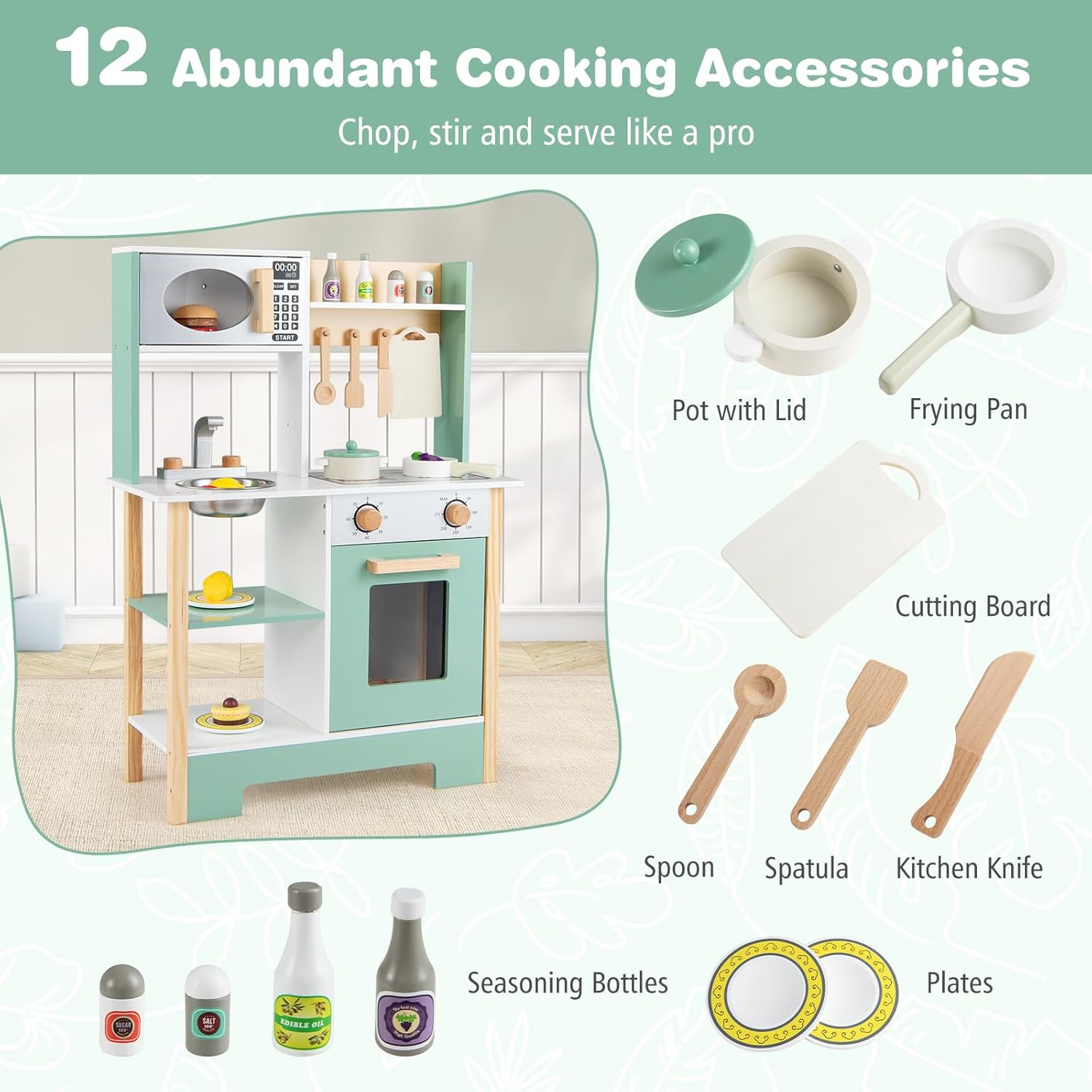 Costzon Kids Play Kitchen, Wooden Toy Kitchen w/Microwave, Water Sink, Oven, Stoves & Cookware Accessories, Pretend Kitchen Playset with Storage for Toddlers, Gift for Boys and Girls Aged 3+
