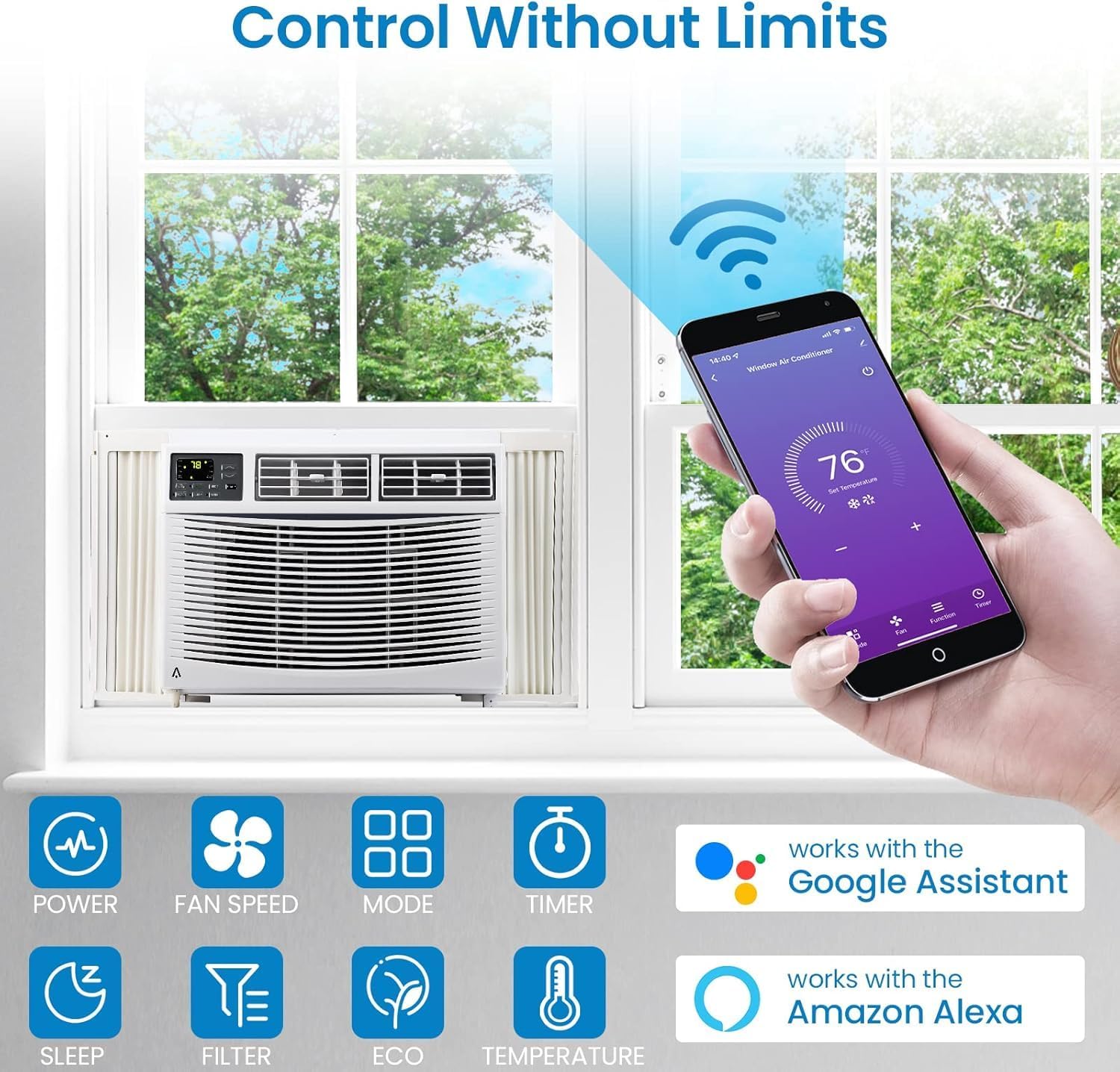 10,000 BTU Window Air Conditioner with WiFi, 115V, Window AC Cools up to 750 Sq. Ft for Bedroom, Living Room, Quiet Operation with Remote & App Controll, 3 Fan Mode,Sleep&ECO Mode,Washable Filter