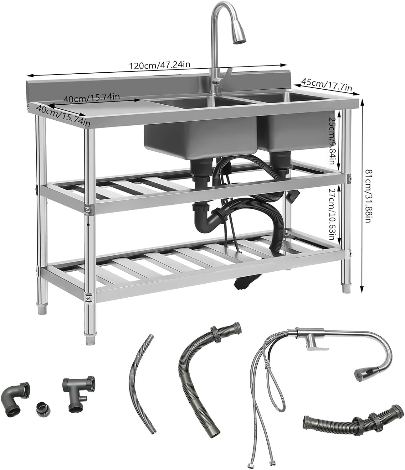 Double Utility Sink, (47.2x17.7x31.9in) Stainless Steel Table with Sink with Water Faucet and Drainage Pipes, Outdoor Sink Kitchen Appliances for Laundry Room Garage Dorm